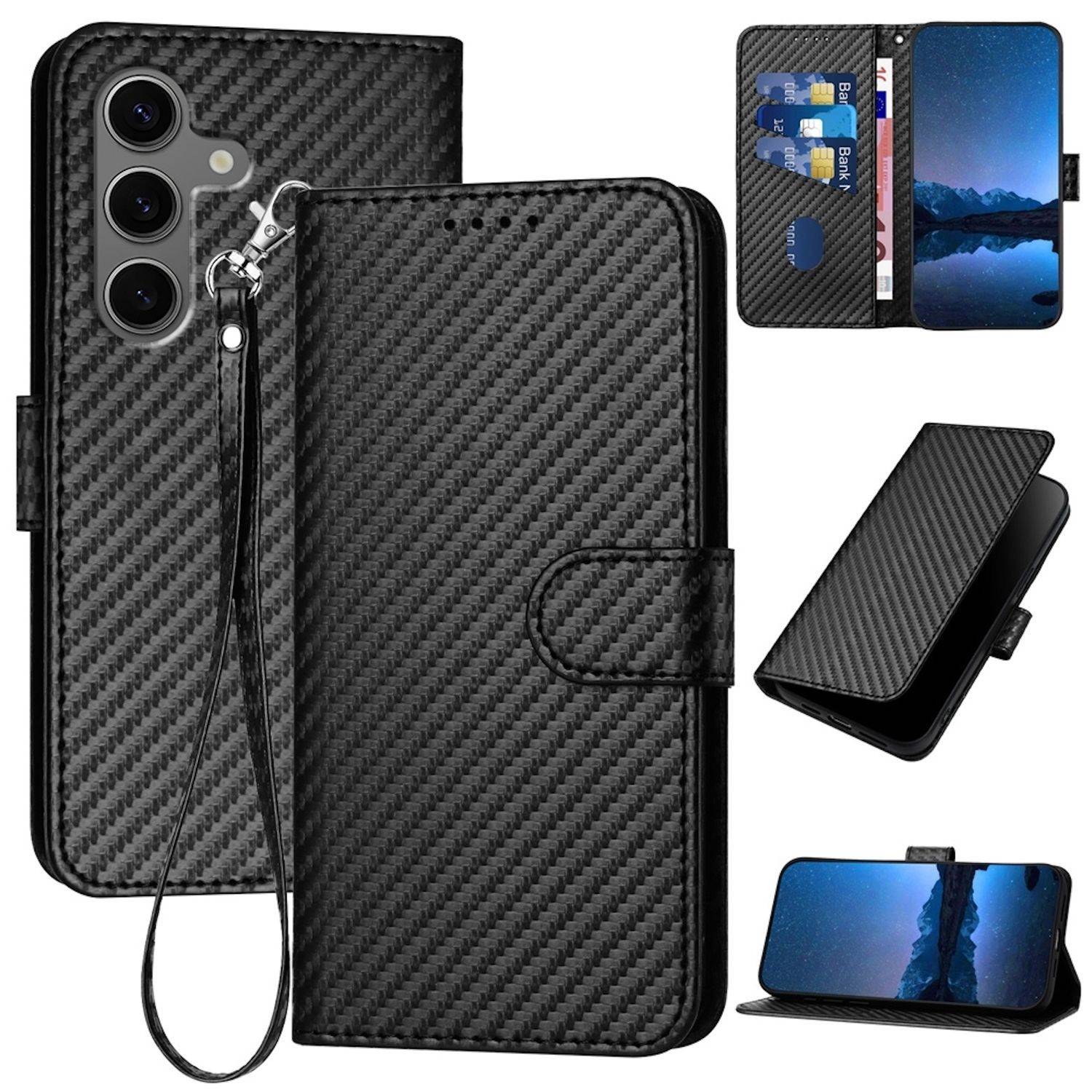 Für Samsung Galaxy S25 Plus Carbon Fiber Kunstleder Hülle mit Lanyard Schwarz