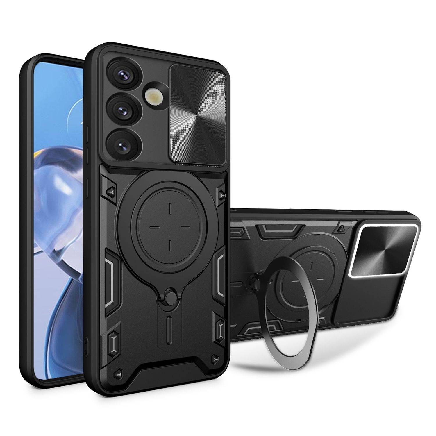 Für Samsung Galaxy S25 5G CD Textur Sliding Kamera TPU / PC Hülle Ring Schwarz