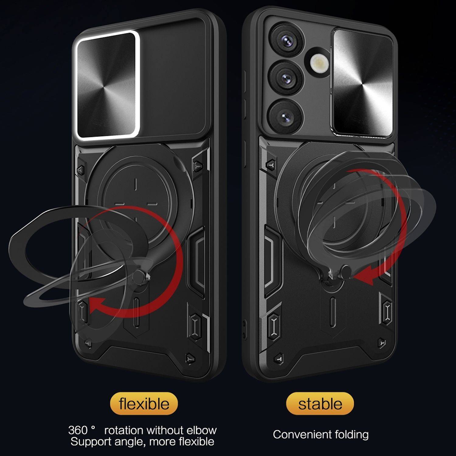 Für Samsung Galaxy S25 Plus Textur Sliding Kamera TPU / PC Hülle Ring Schwarz