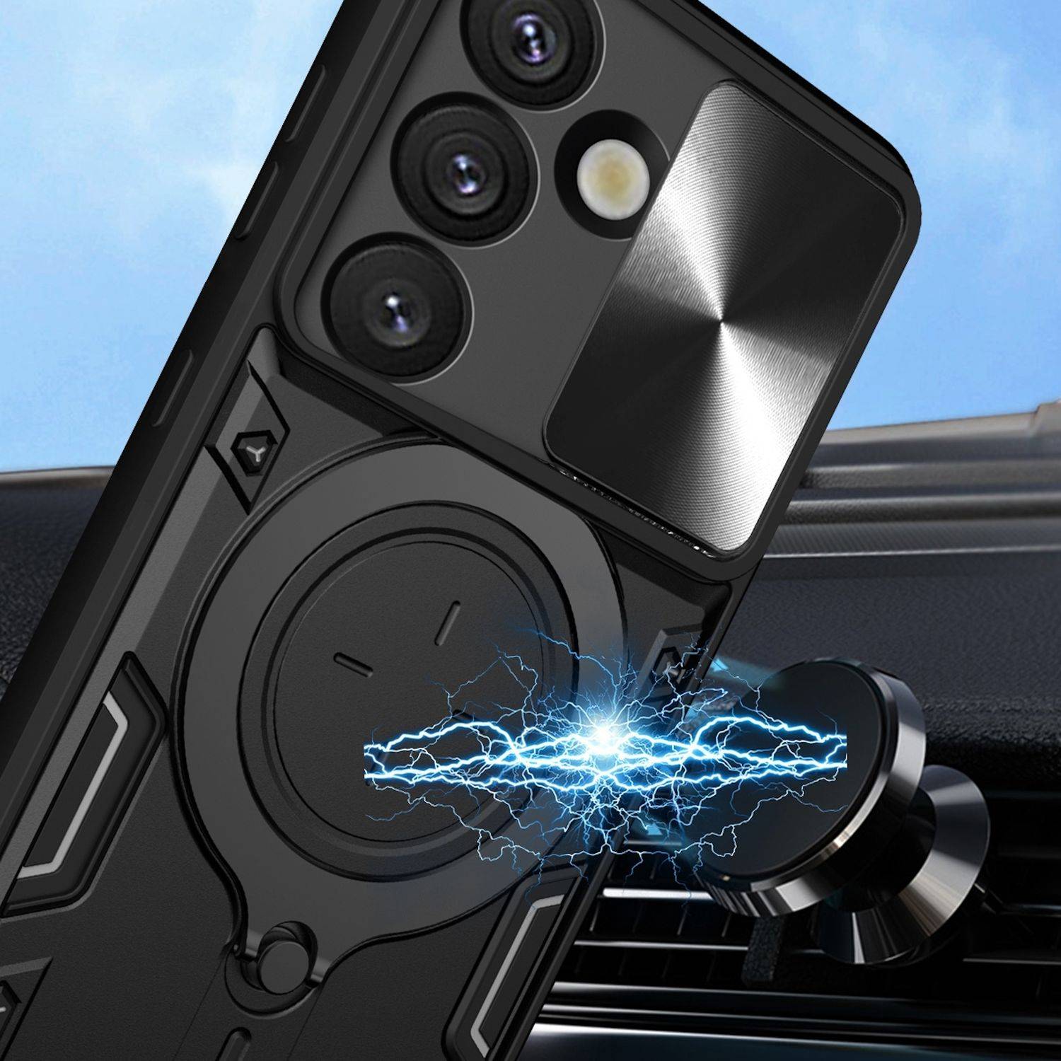 Für Samsung Galaxy S25 Plus Textur Sliding Kamera TPU / PC Hülle Ring Schwarz