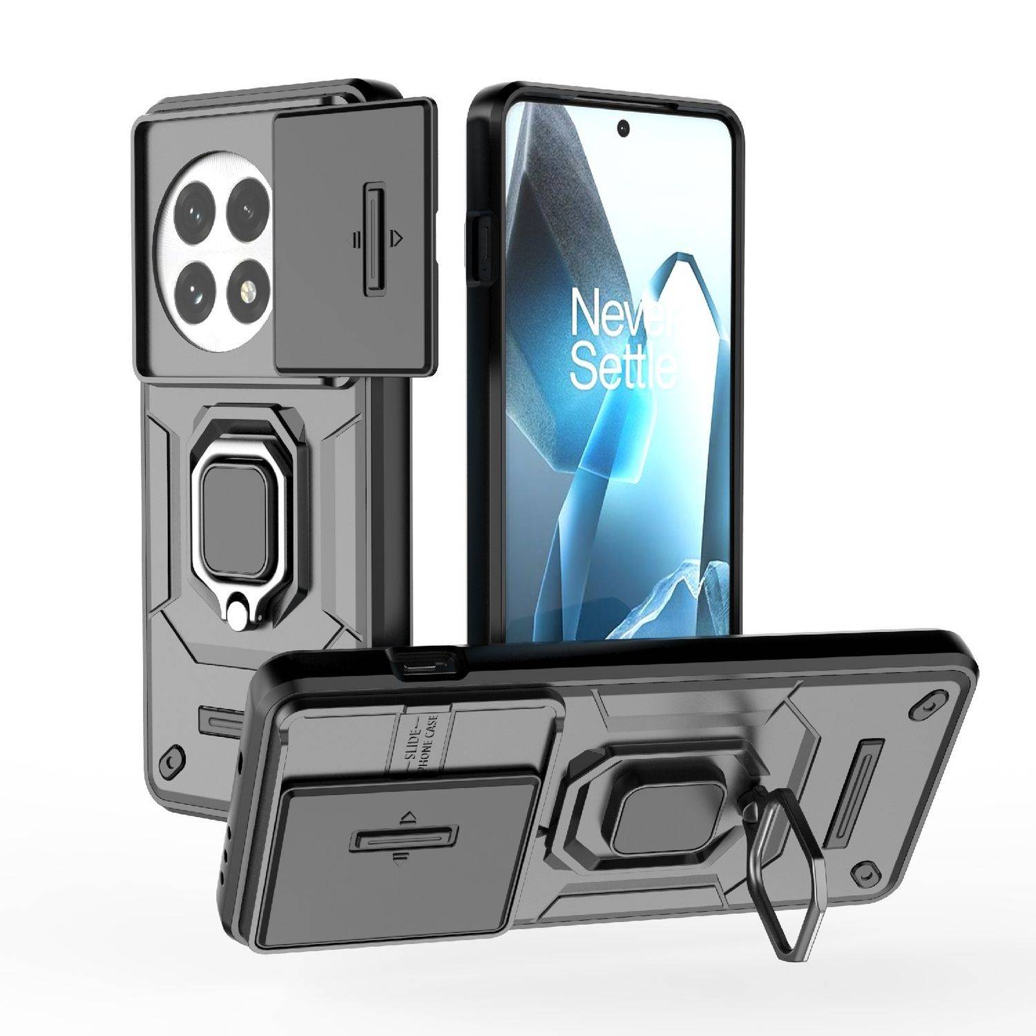 Für OnePlus 13 Sliding Kamera TPU Hybrid PC Schutz Hülle Ring Halterung Schwarz