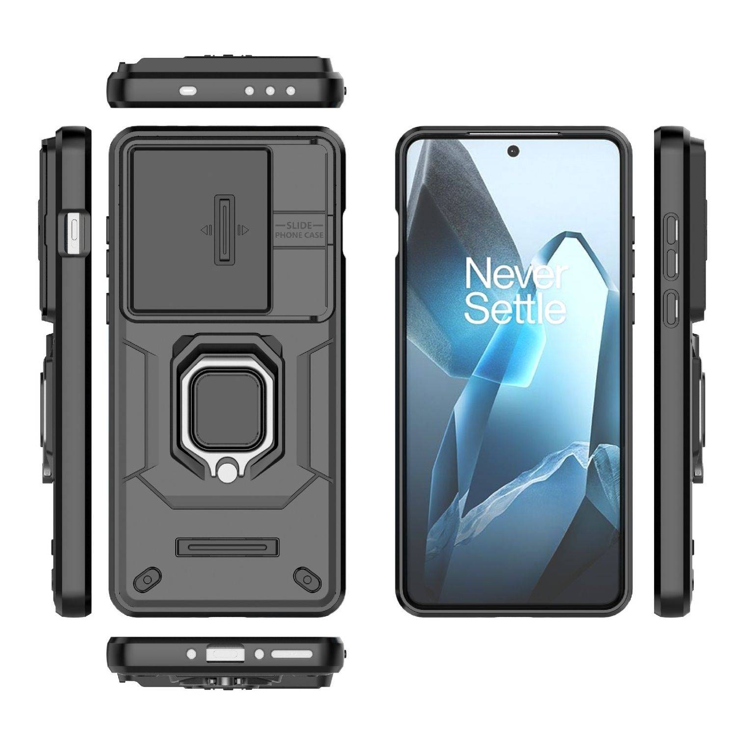 Für OnePlus 13 Sliding Kamera TPU Hybrid PC Schutz Hülle Ring Halterung Schwarz