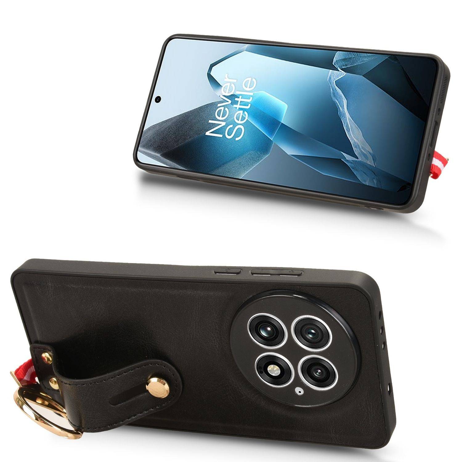 Für OnePlus 13 Design Kunstleder TPU Schutz Hülle mit Armband und Ring Schwarz