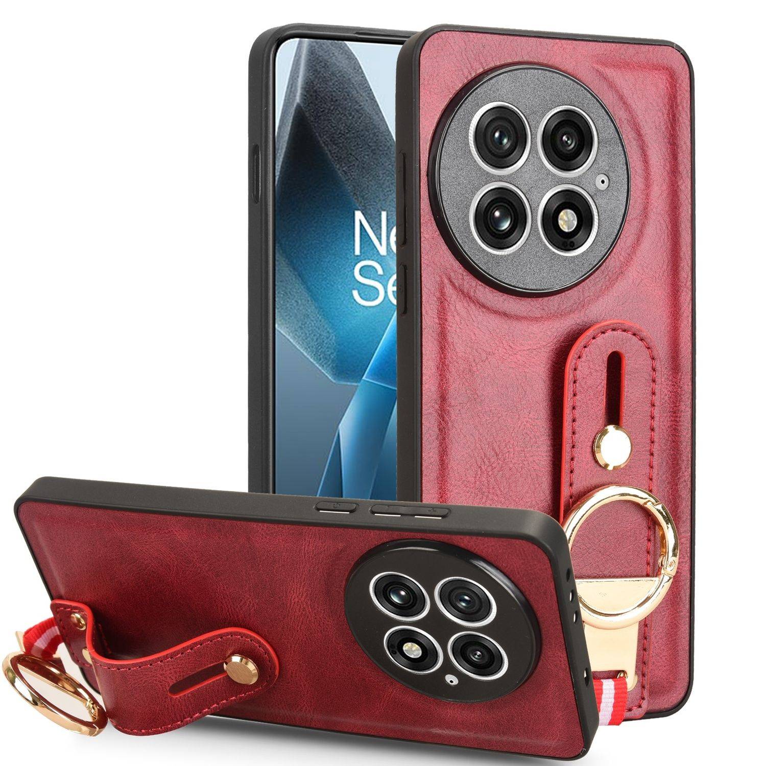 Für OnePlus 13 Design Kunstleder TPU Schutz Hülle mit Armband und Ringhalter Rot