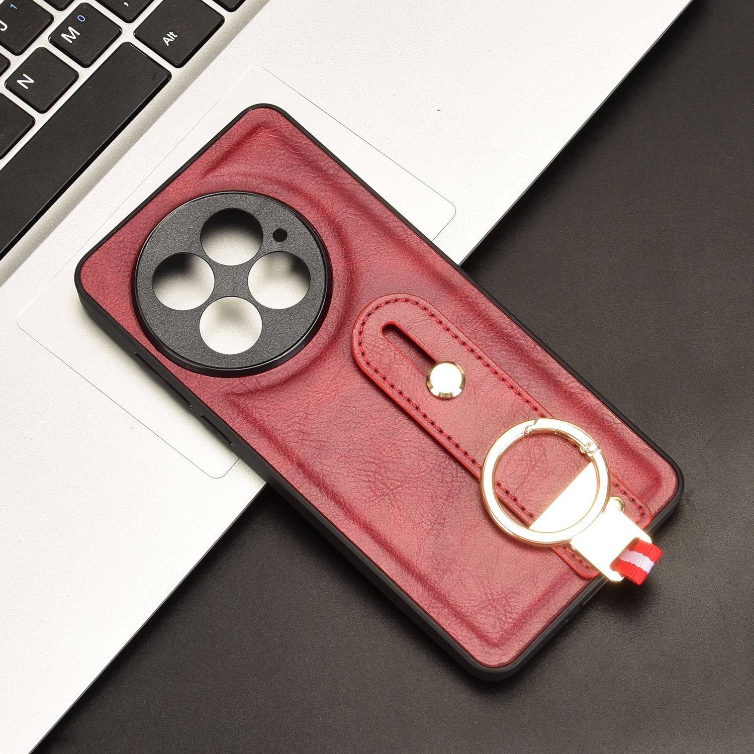 Für OnePlus 13 Design Kunstleder TPU Schutz Hülle mit Armband und Ringhalter Rot