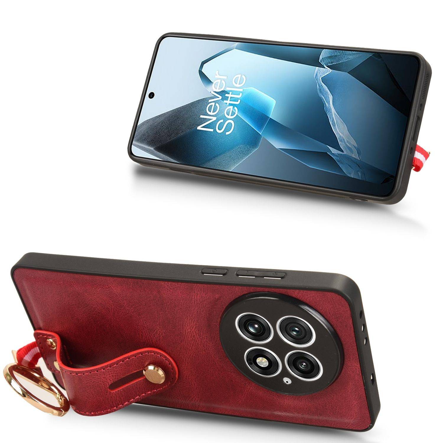 Für OnePlus 13 Design Kunstleder TPU Schutz Hülle mit Armband und Ringhalter Rot