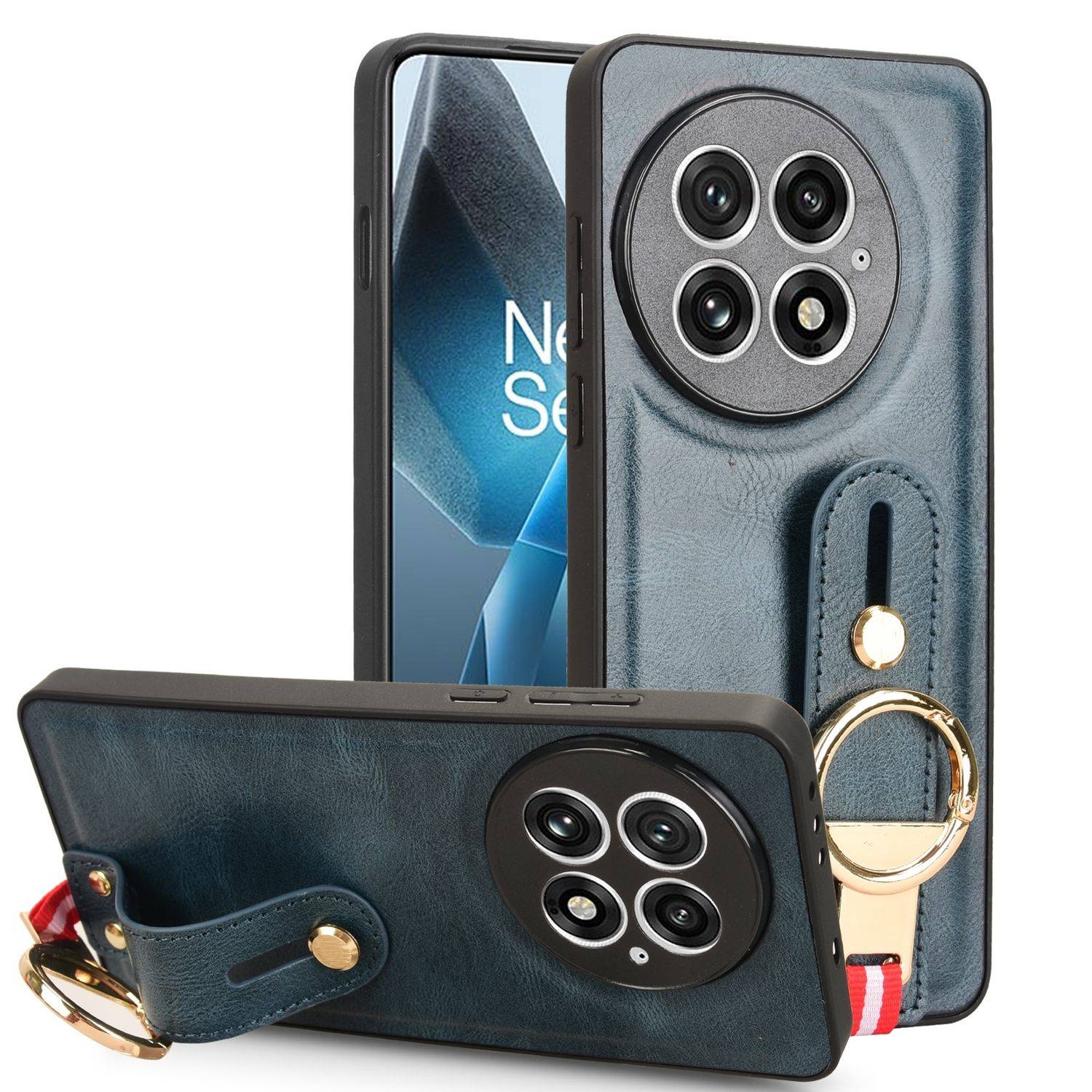Für OnePlus 13 Design Kunstleder TPU Schutz Hülle mit Armband Ringhalter Blau