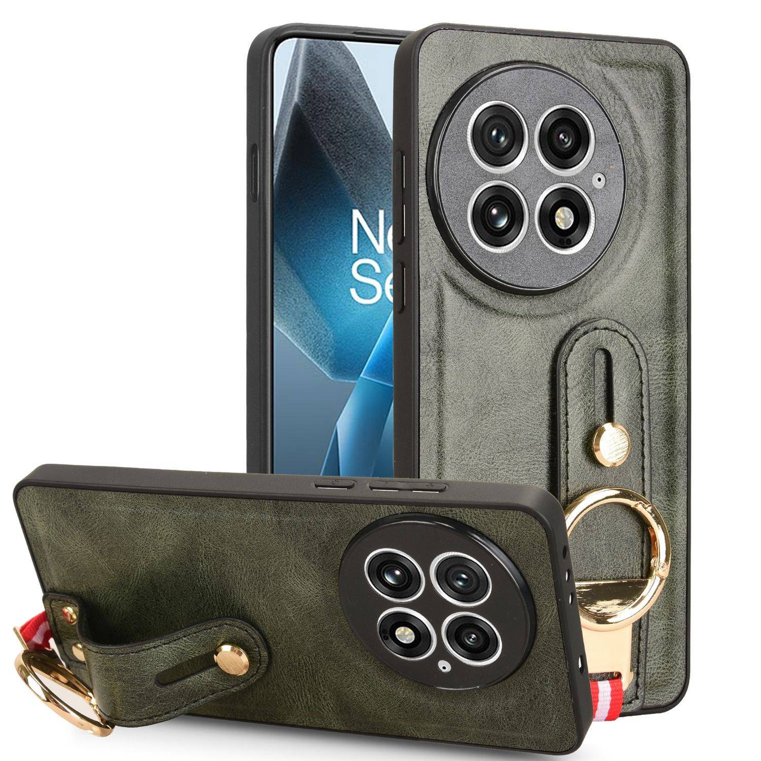 Für OnePlus 13 Design Kunstleder TPU Schutz Hülle mit Armband Ringhalter Grün
