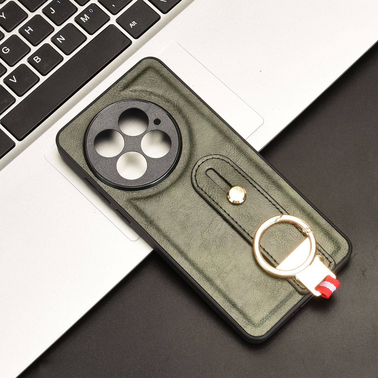 Für OnePlus 13 Design Kunstleder TPU Schutz Hülle mit Armband Ringhalter Grün