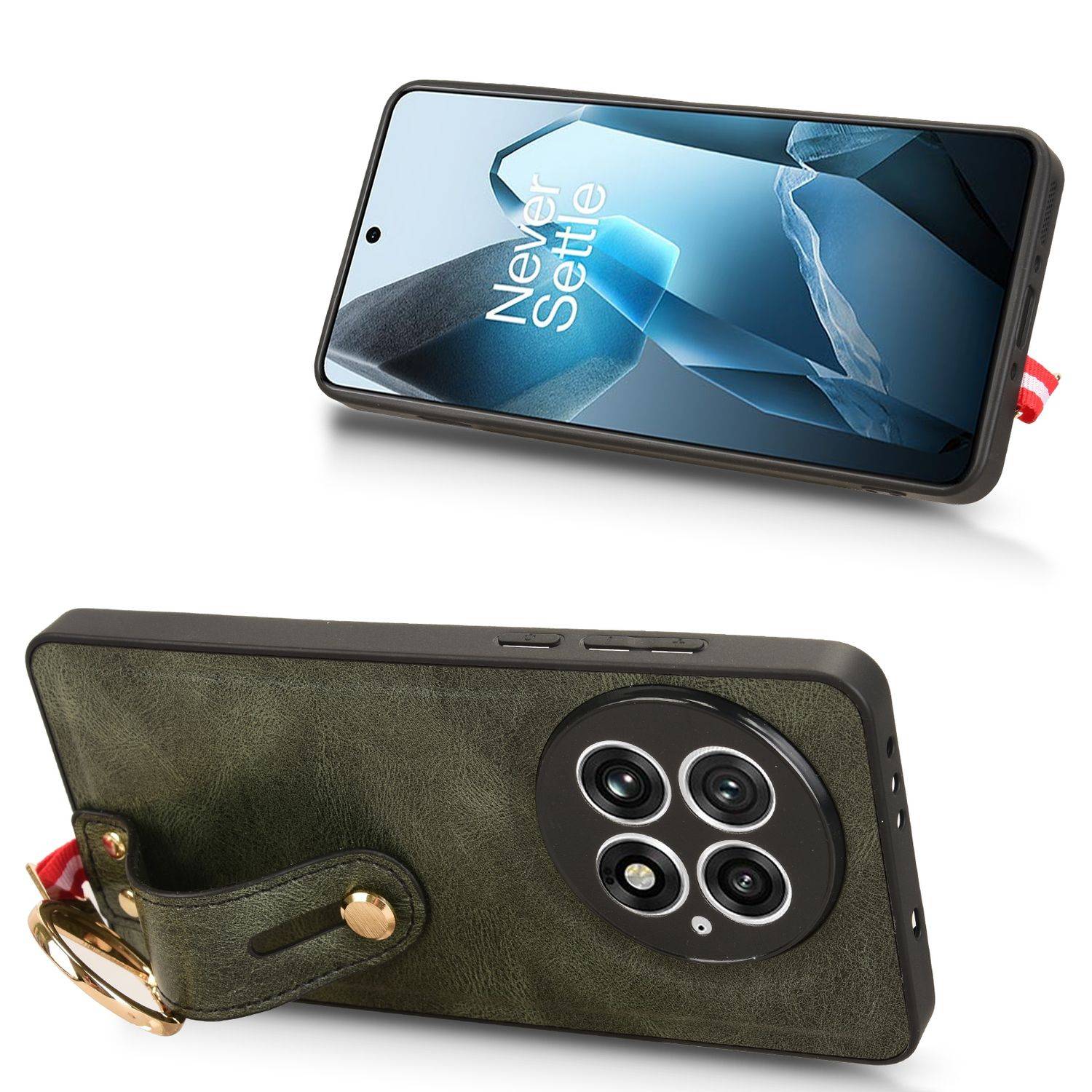 Für OnePlus 13 Design Kunstleder TPU Schutz Hülle mit Armband Ringhalter Grün