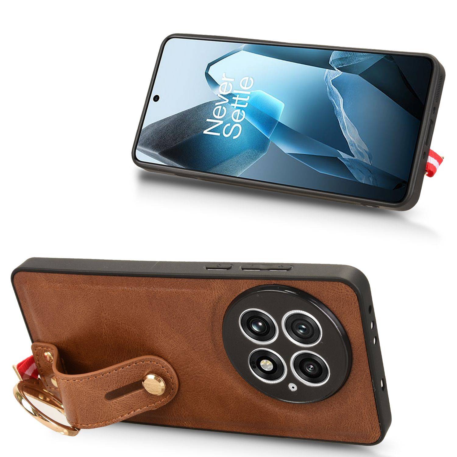 Für OnePlus 13 Design Kunstleder TPU Schutz Hülle mit Armband Ringhalter Braun