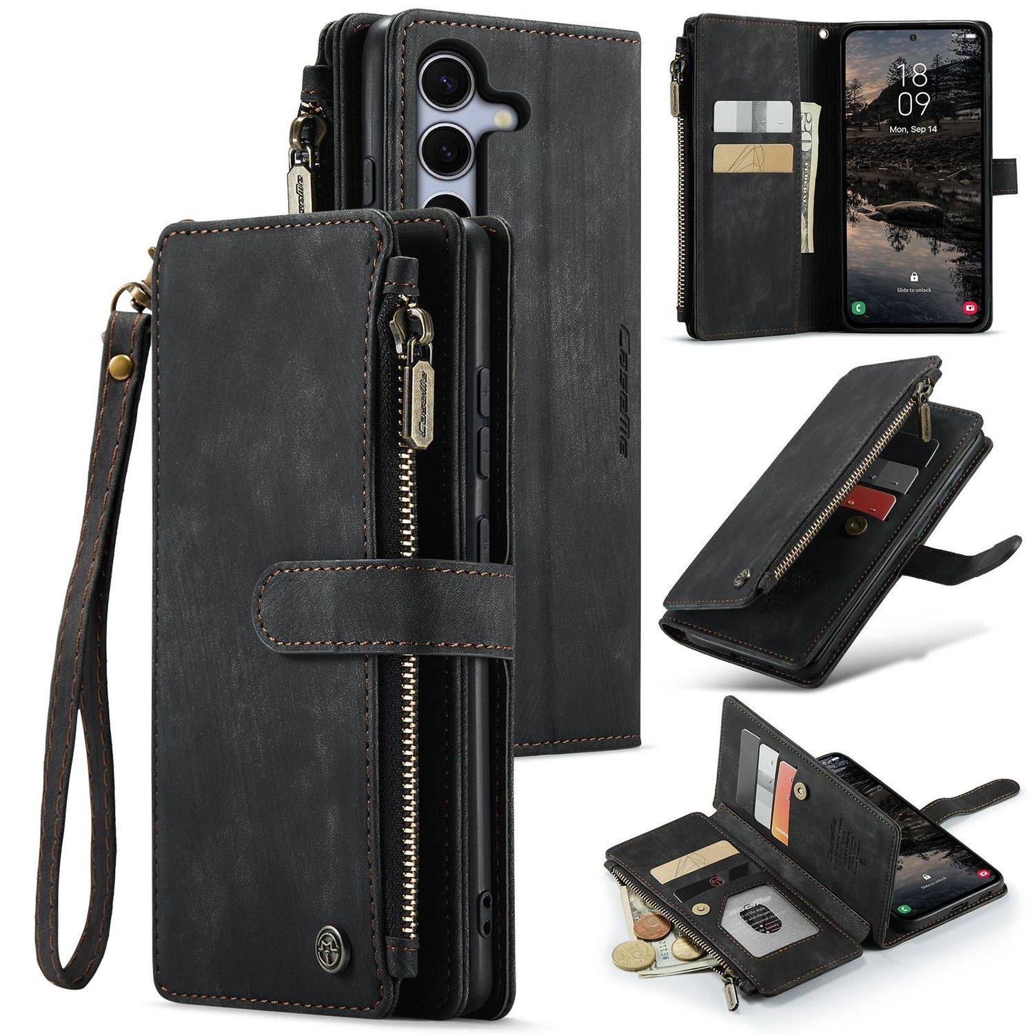 Für Samsung Galaxy S25 5G CaseMe Kunstleder Multifunktion Zipper Wallet Tasche Schwarz