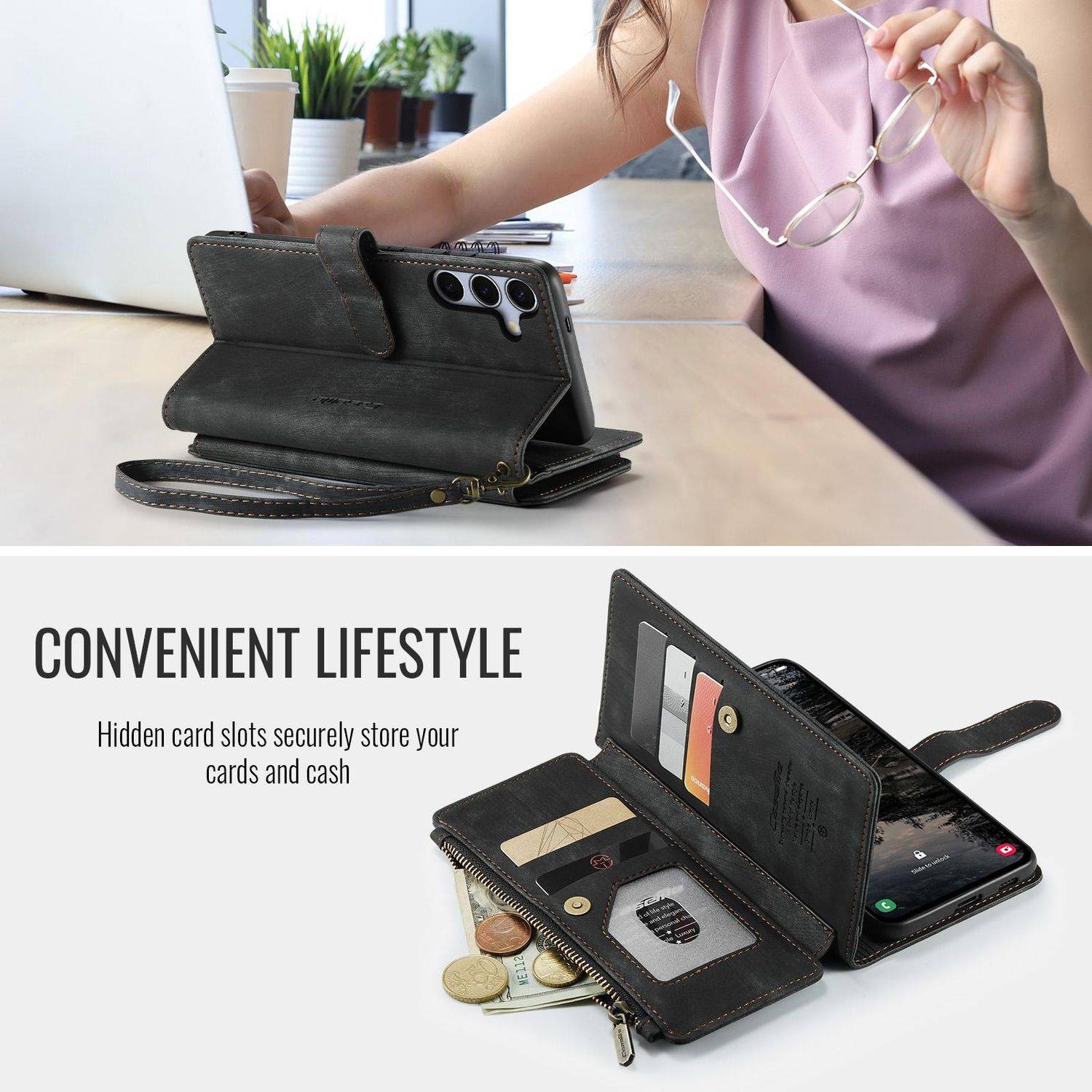 Für Samsung Galaxy S25 5G CaseMe Kunstleder Multifunktion Zipper Wallet Tasche Schwarz
