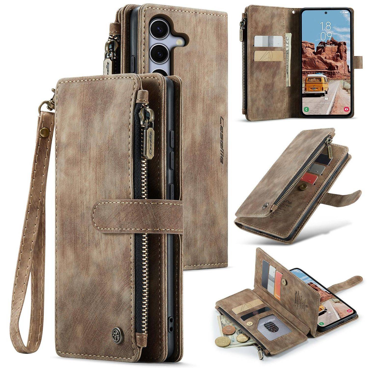 Für Samsung Galaxy S25 Plus 5G CaseMe Kunstleder Multifunktion Zipper Wallet Tasche Braun