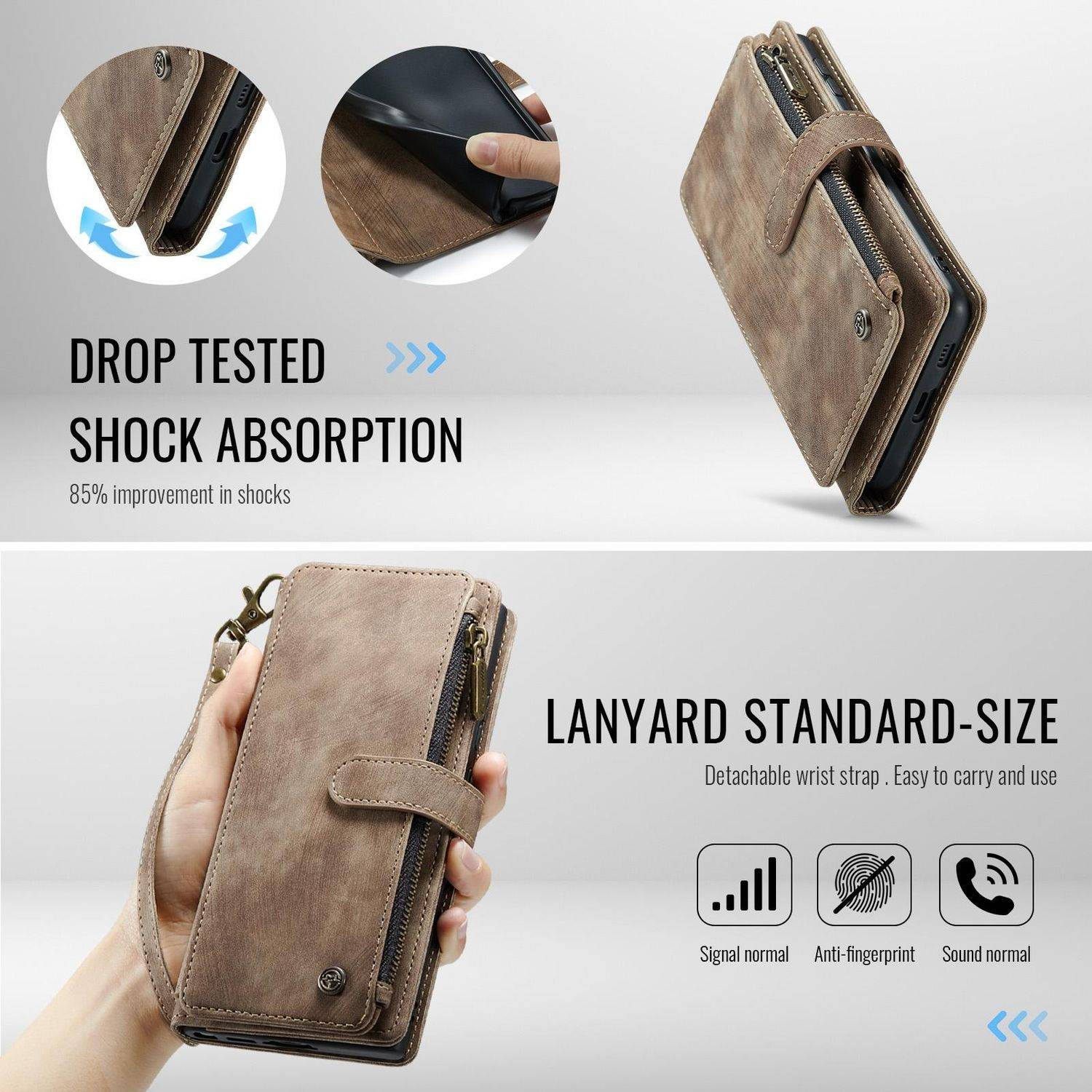 Für Samsung Galaxy S25 Plus 5G CaseMe Kunstleder Multifunktion Zipper Wallet Tasche Braun