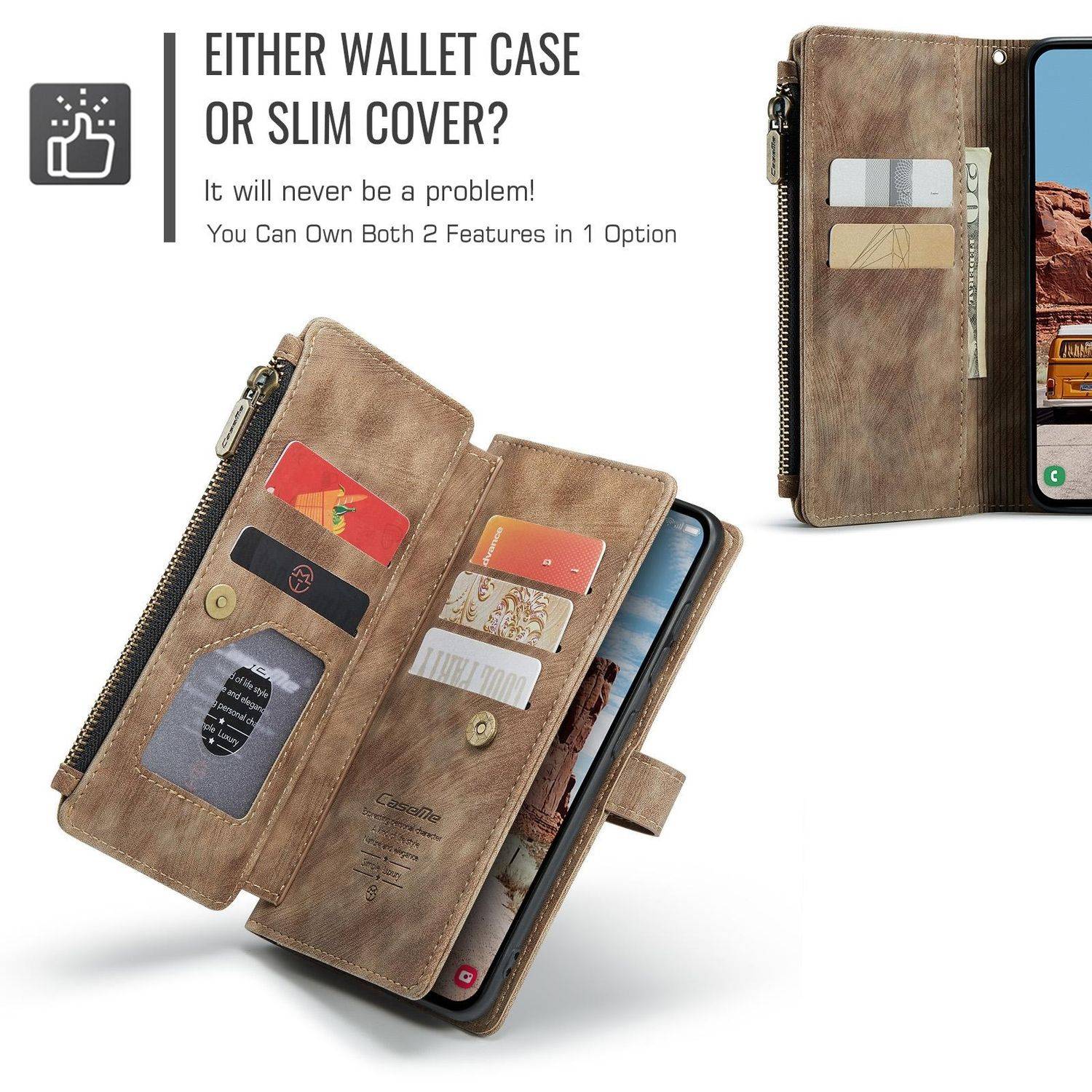 Für Samsung Galaxy S25 Plus 5G CaseMe Kunstleder Multifunktion Zipper Wallet Tasche Braun