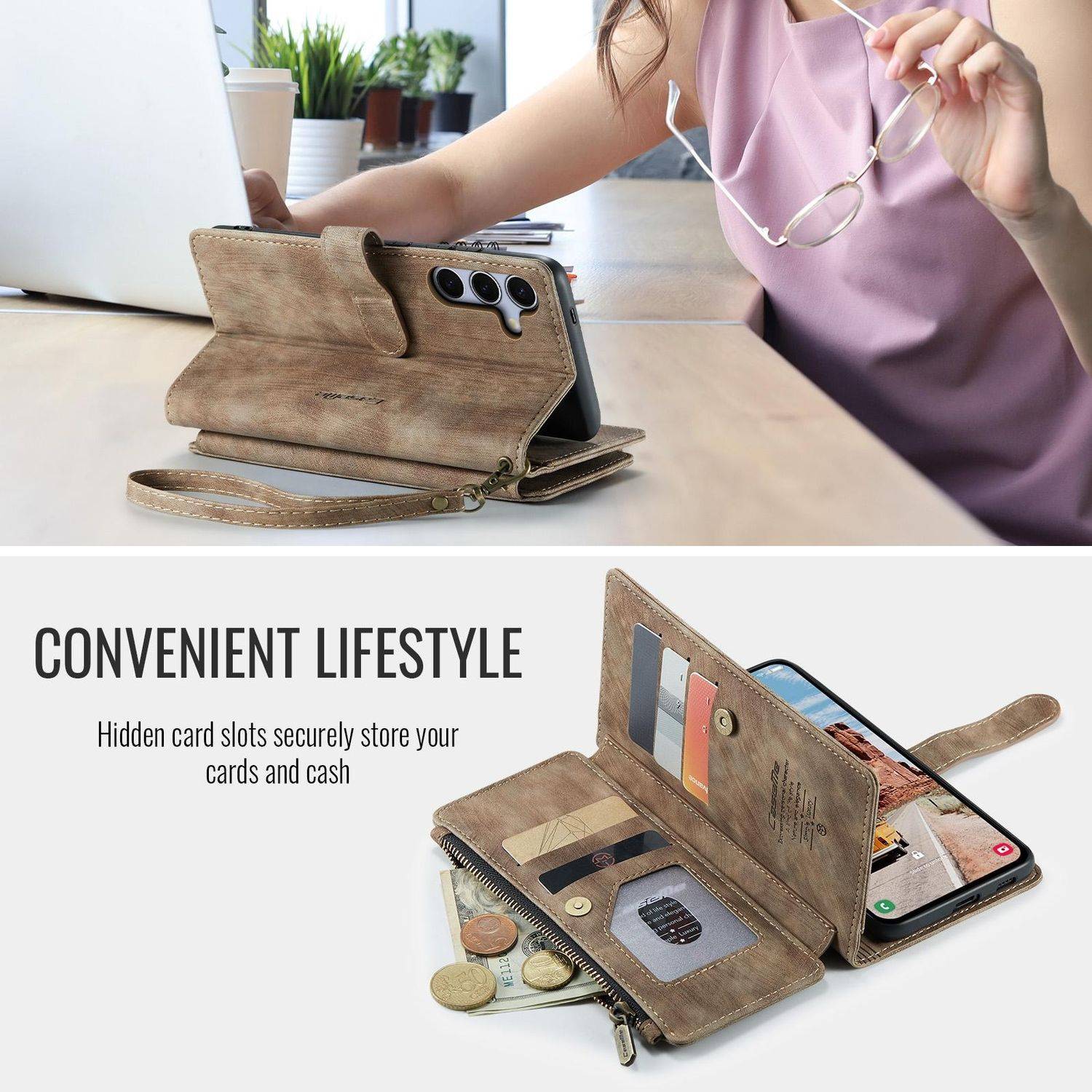 Für Samsung Galaxy S25 Plus 5G CaseMe Kunstleder Multifunktion Zipper Wallet Tasche Braun