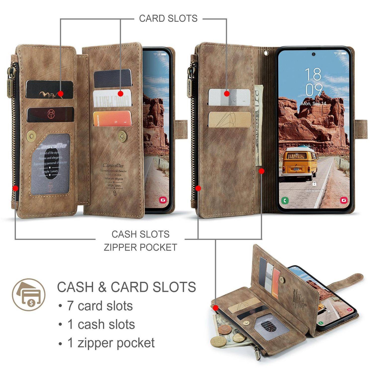 Für Samsung Galaxy S25 Plus 5G CaseMe Kunstleder Multifunktion Zipper Wallet Tasche Braun