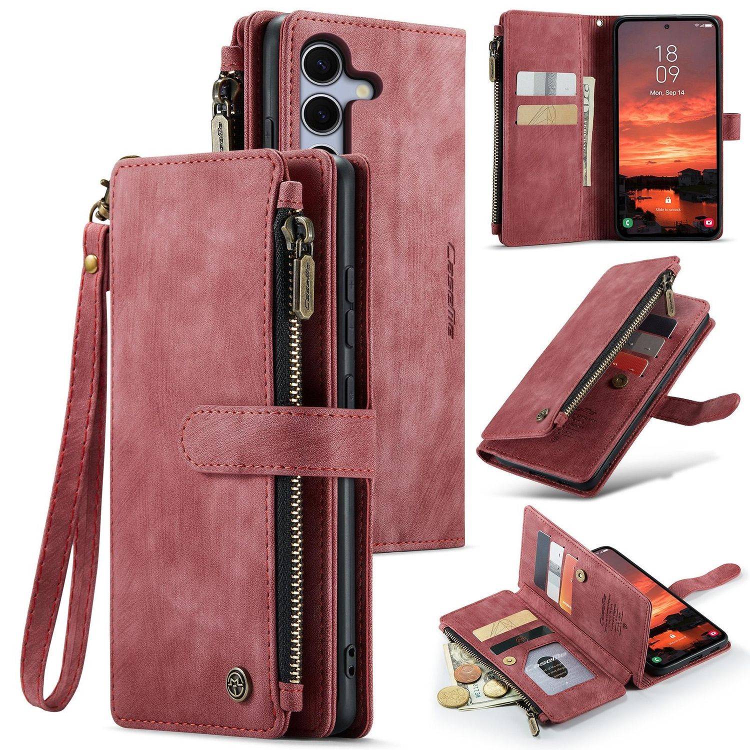 Für Samsung Galaxy S25 5G CaseMe Kunstleder Multifunktion Zipper Wallet Tasche Rot