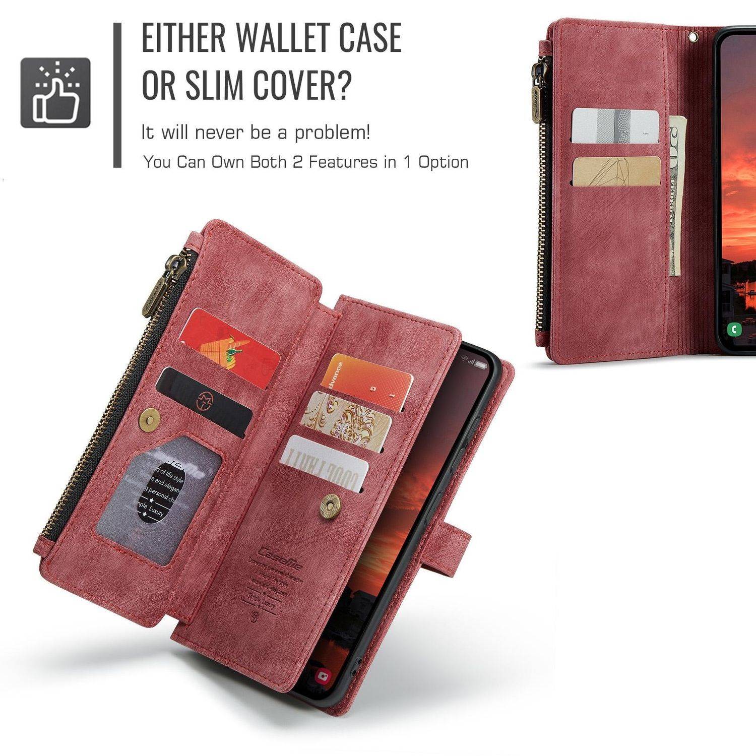 Für Samsung Galaxy S25 Plus 5G CaseMe Kunstleder Multifunktion Zipper Wallet Tasche Rot