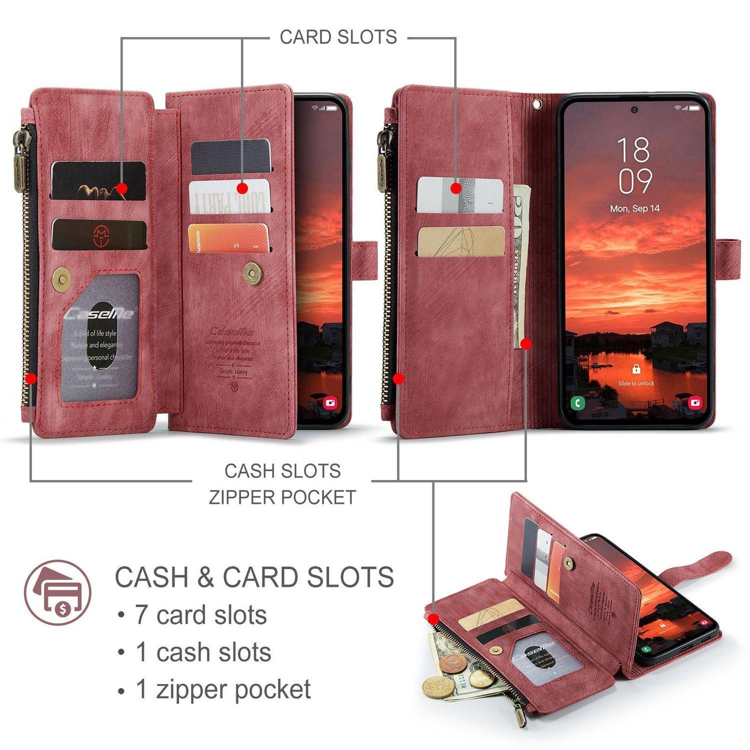 Für Samsung Galaxy S25 Plus 5G CaseMe Kunstleder Multifunktion Zipper Wallet Tasche Rot