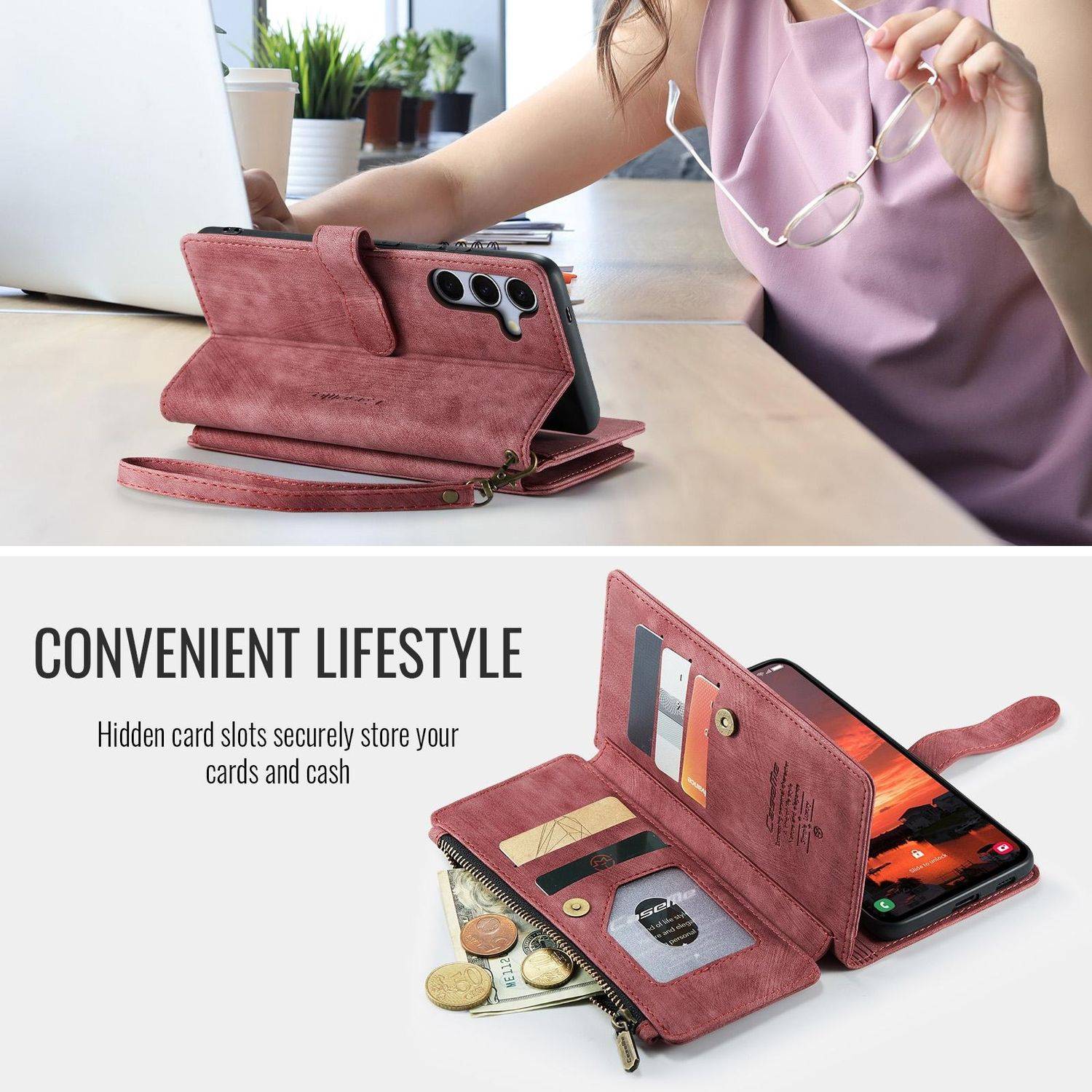 Für Samsung Galaxy S25 5G CaseMe Kunstleder Multifunktion Zipper Wallet Tasche Rot