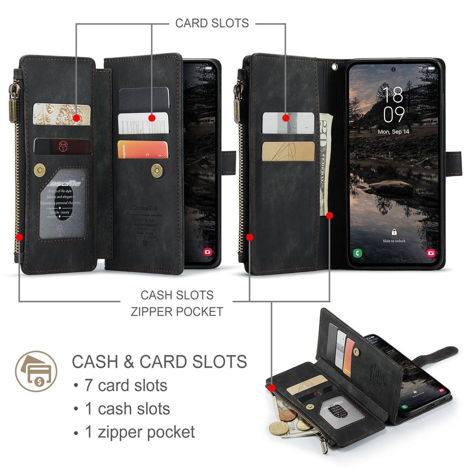 Für Samsung Galaxy S25 Plus 5G CaseMe Kunstleder Multifunktion Zipper Wallet Tasche Schwarz