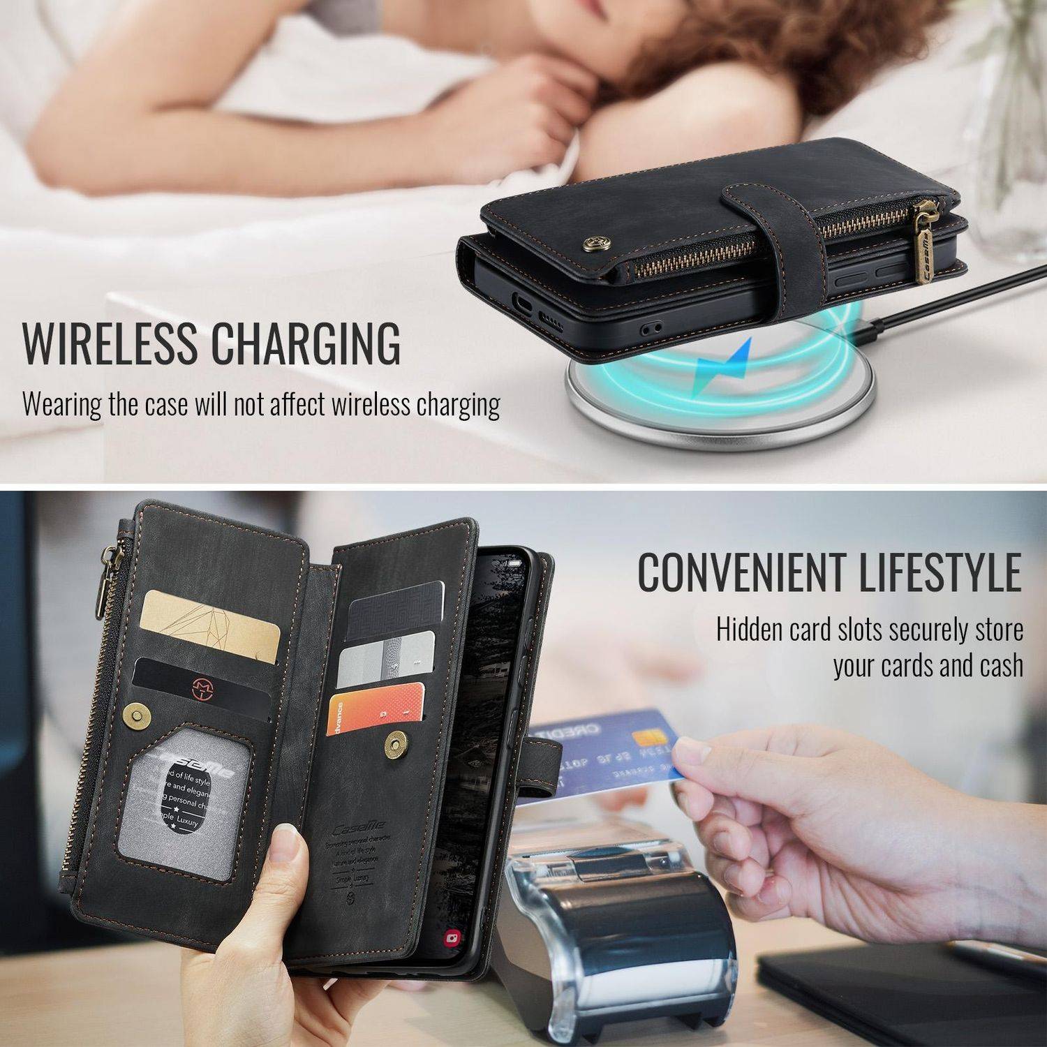 Für Samsung Galaxy S25 Plus 5G CaseMe Kunstleder Multifunktion Zipper Wallet Tasche Schwarz