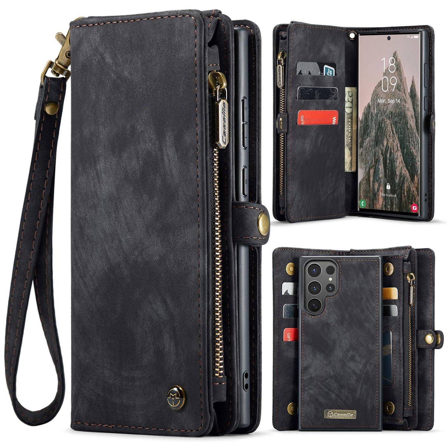 Für Samsung Galaxy S25 Ultra 5G CaseMe Kunstleder Multifunktion Zipper Wallet Tasche Schwarz