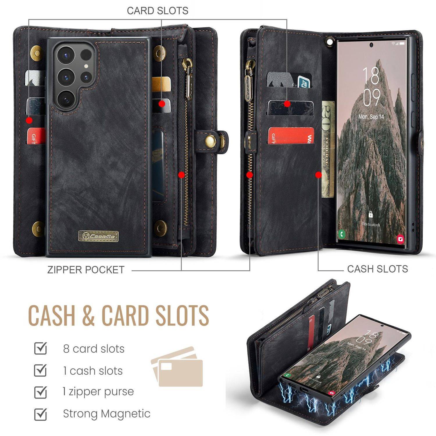 Für Samsung Galaxy S25 Ultra 5G CaseMe Kunstleder Multifunktion Zipper Wallet Tasche Schwarz
