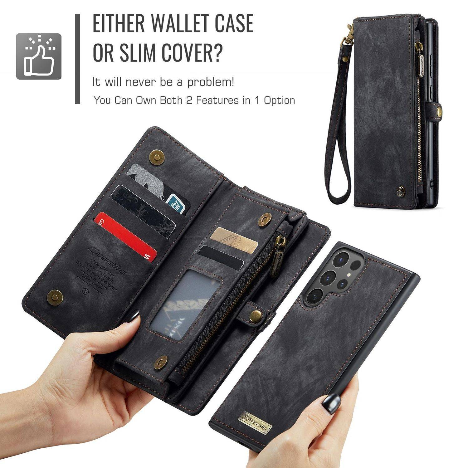 Für Samsung Galaxy S25 Ultra 5G CaseMe Kunstleder Multifunktion Zipper Wallet Tasche Schwarz