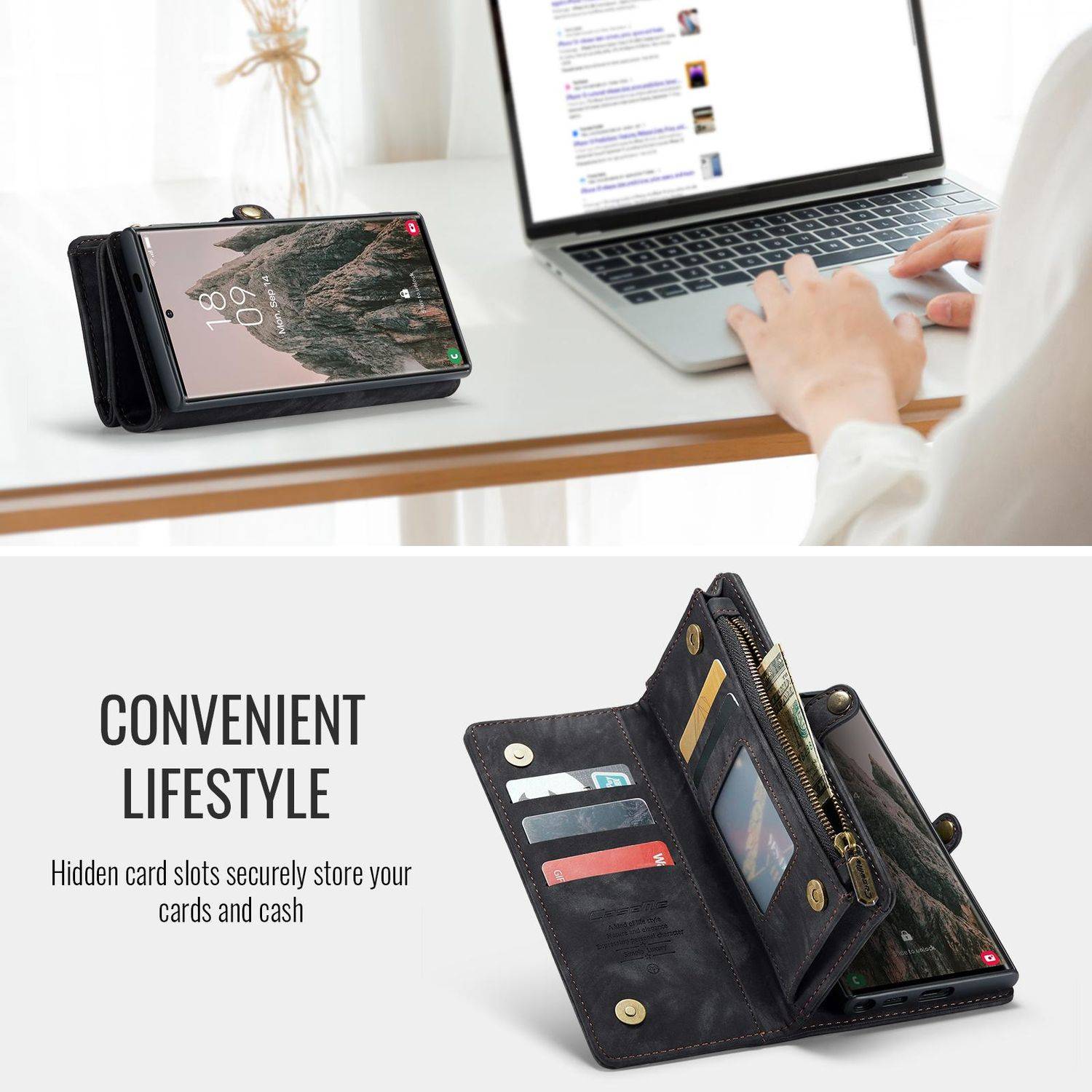 Für Samsung Galaxy S25 Ultra 5G CaseMe Kunstleder Multifunktion Zipper Wallet Tasche Schwarz