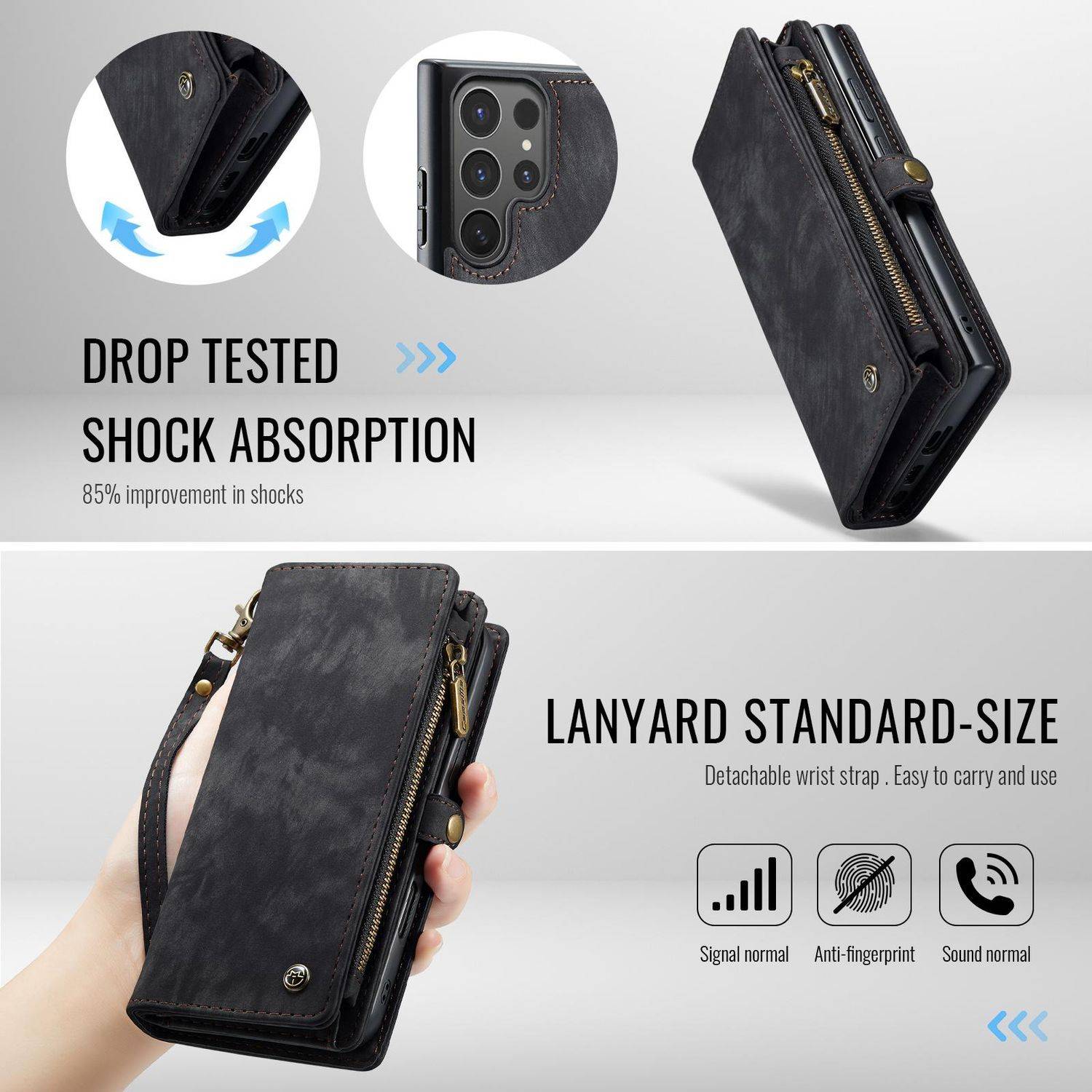 Für Samsung Galaxy S25 Ultra 5G CaseMe Kunstleder Multifunktion Zipper Wallet Tasche Schwarz