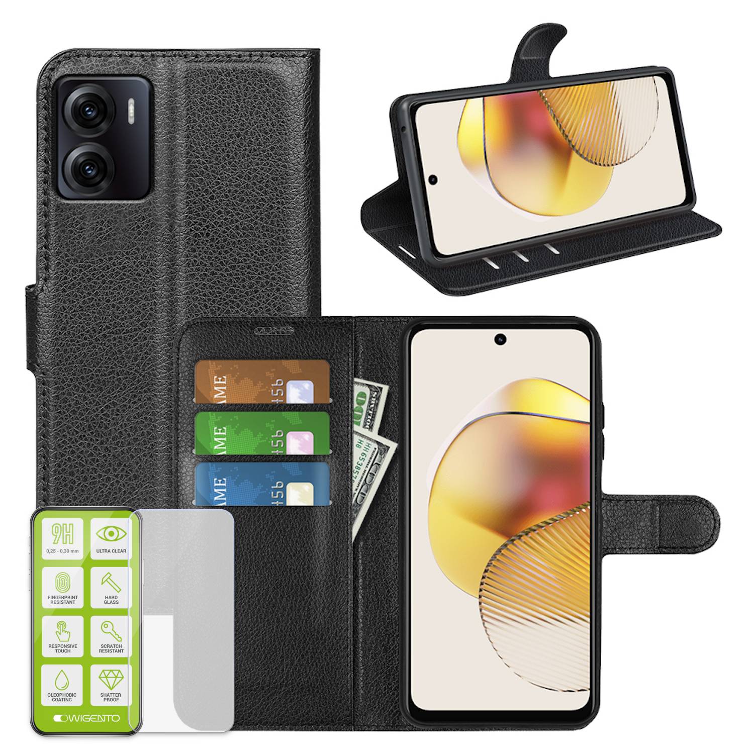 Für Motorola Moto E15 / Moto G05 Kunstleder Book Wallet Case Tasche Schwarz + H9 Hart Glas