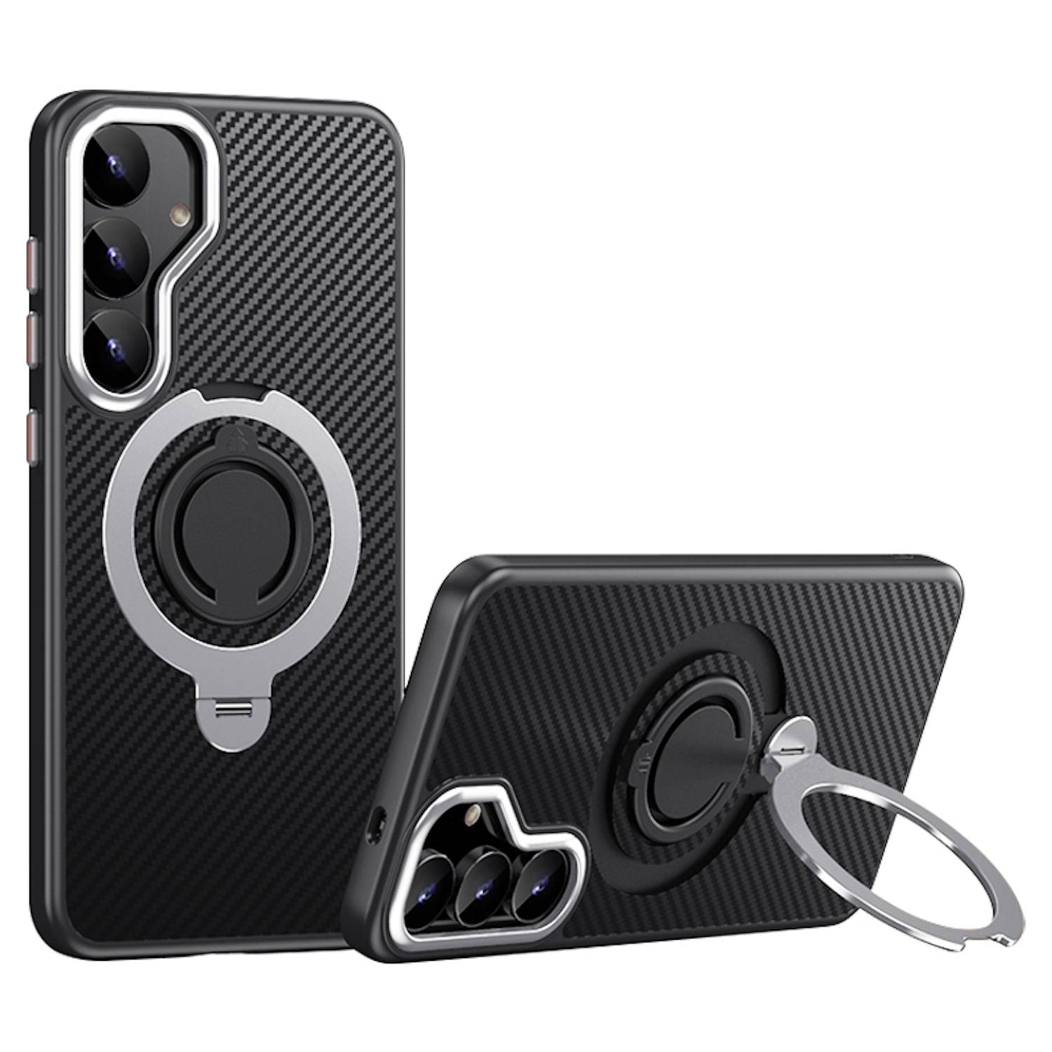 Für Samsung Galaxy S25 MagSafe Carbon Design TPU 360 Ring Schutz Hülle Silber