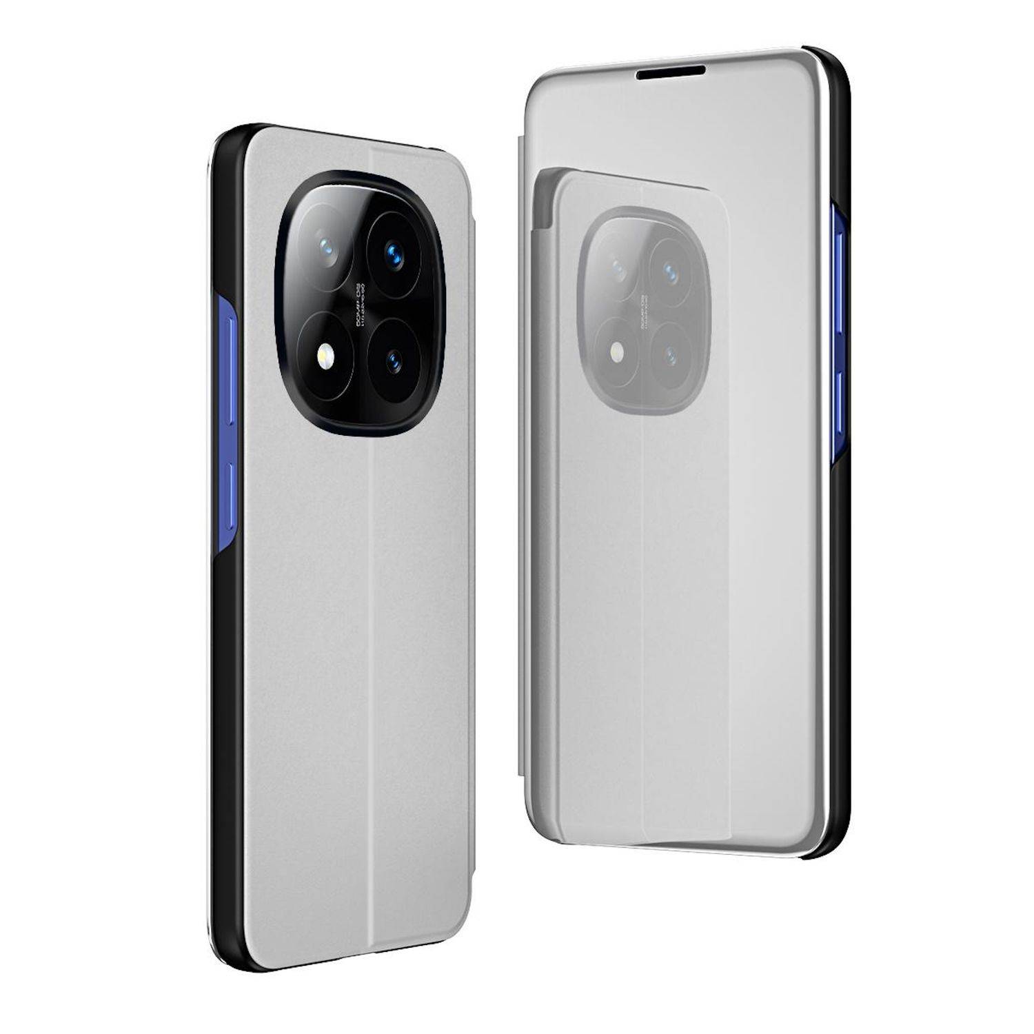 Für Xiaomi Redmi Note 14 Pro Plus 5G View Spiegel Handy Smart Cover Wake UP Funktion Case Silber