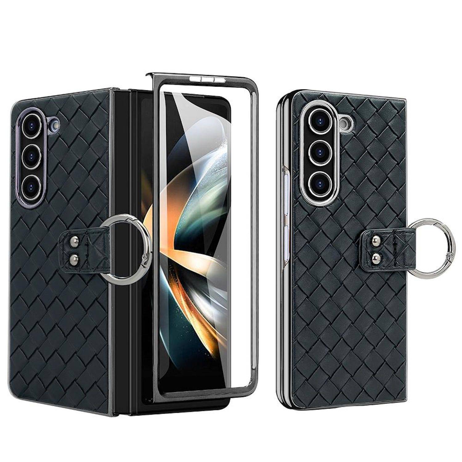 Für Samsung Galaxy Z Fold6 Design Gewebte Kunstleder Metall Ring Hülle Schwarz