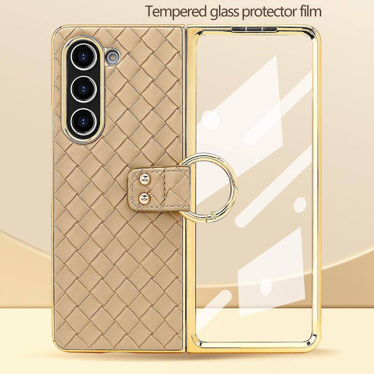 Für Samsung Galaxy Z Fold6 Design Gewebte Kunstleder Metall Ring Hülle Schwarz