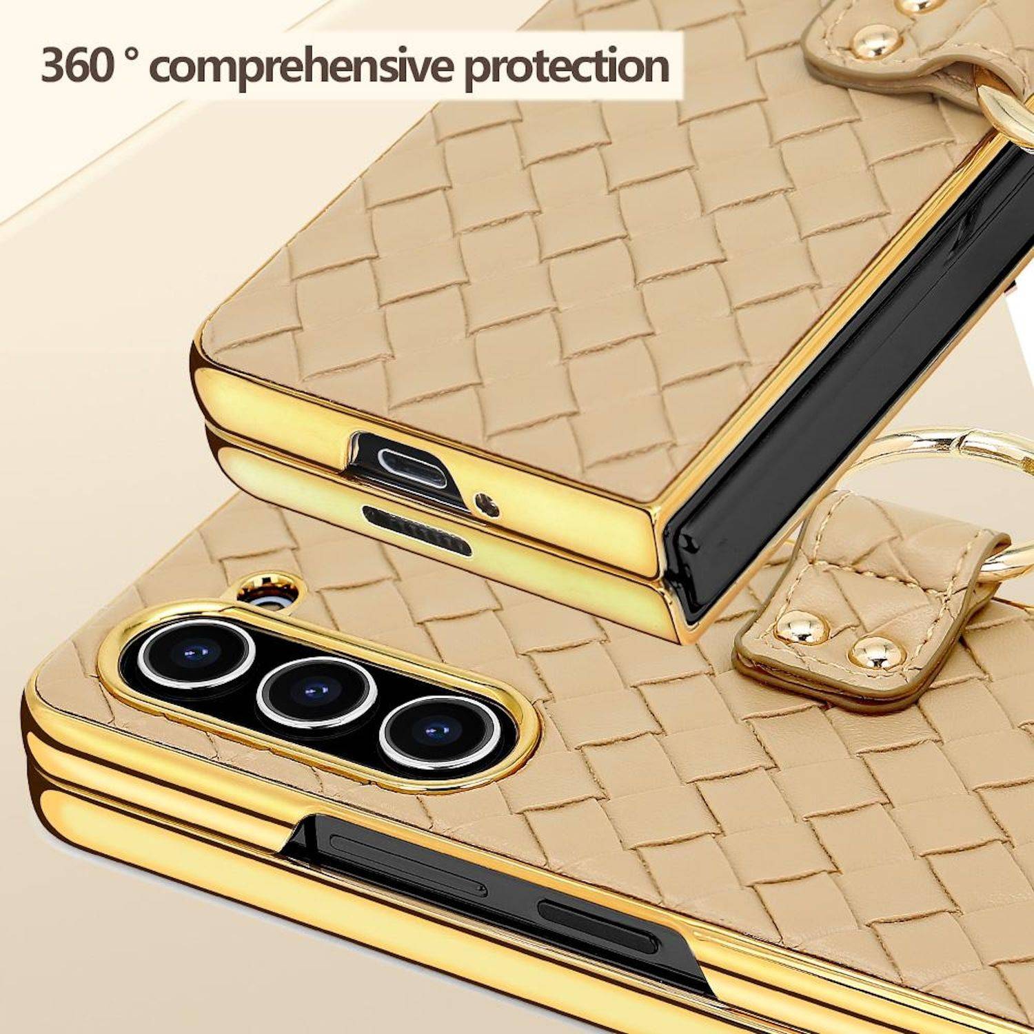 Für Samsung Galaxy Z Fold6 Design Gewebte Kunstleder Metall Ring Hülle Schwarz