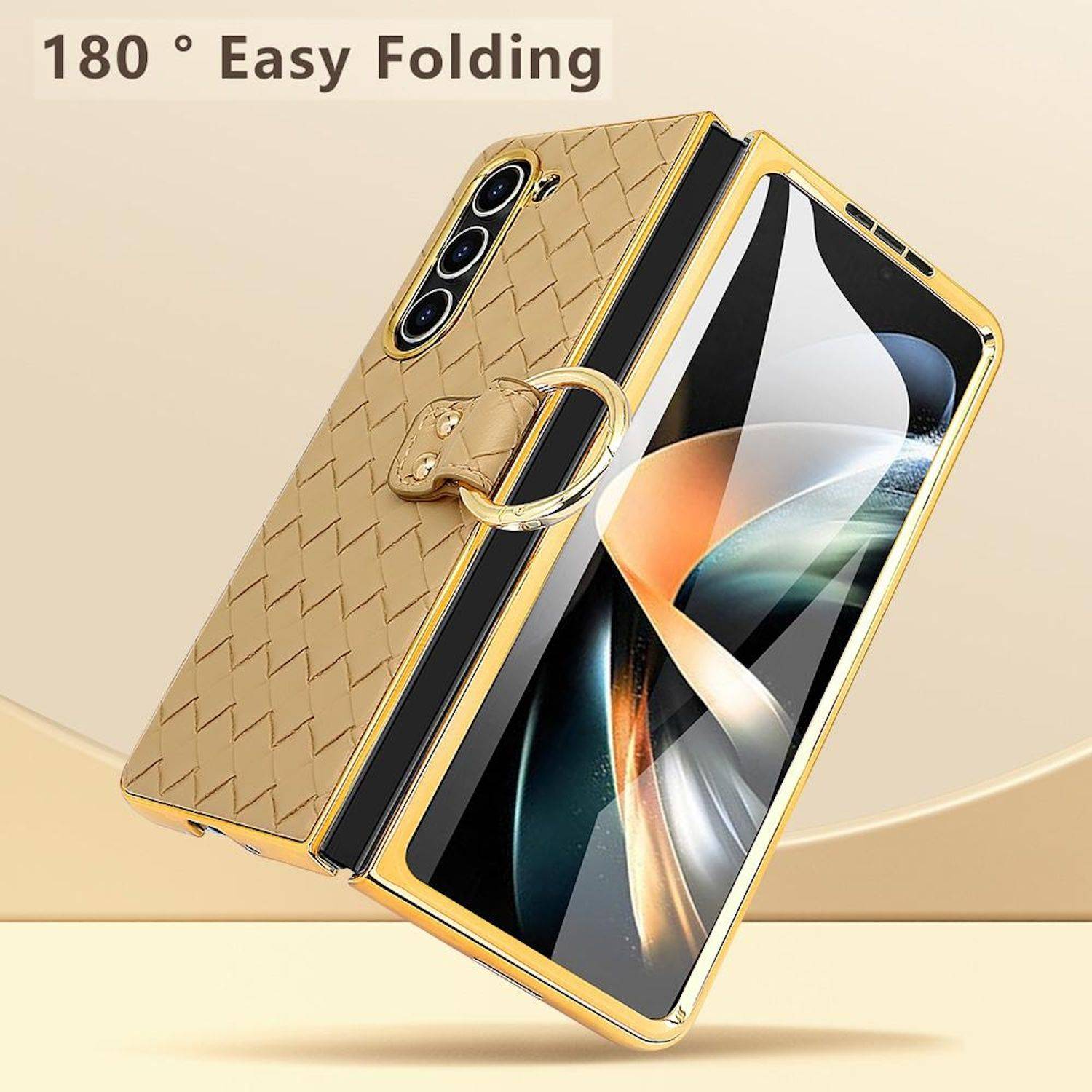 Für Samsung Galaxy Z Fold6 Design Gewebte Kunstleder Metall Ring Hülle Schwarz