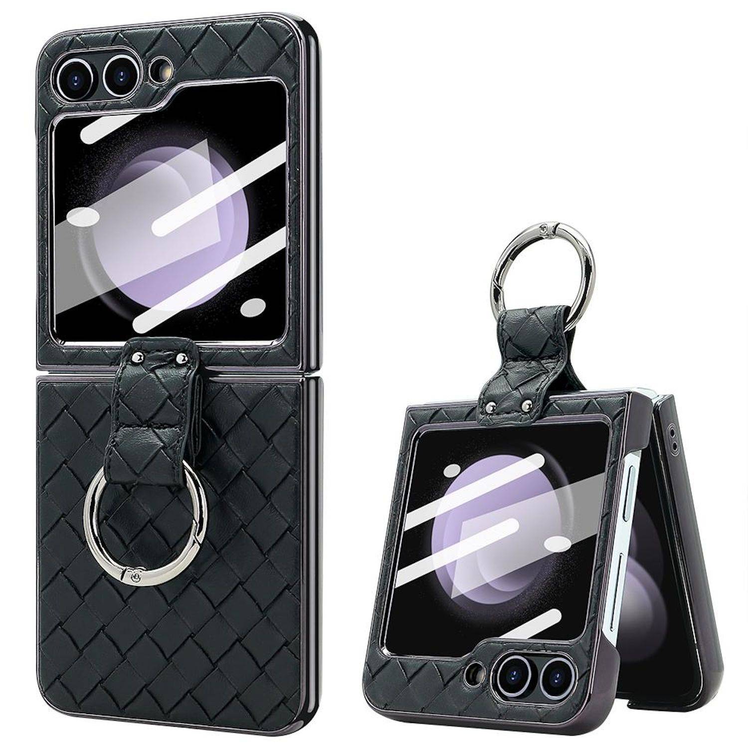 Für Samsung Galaxy Z Flip6 Design Gewebte Kunstleder Metall Ring Hülle Schwarz