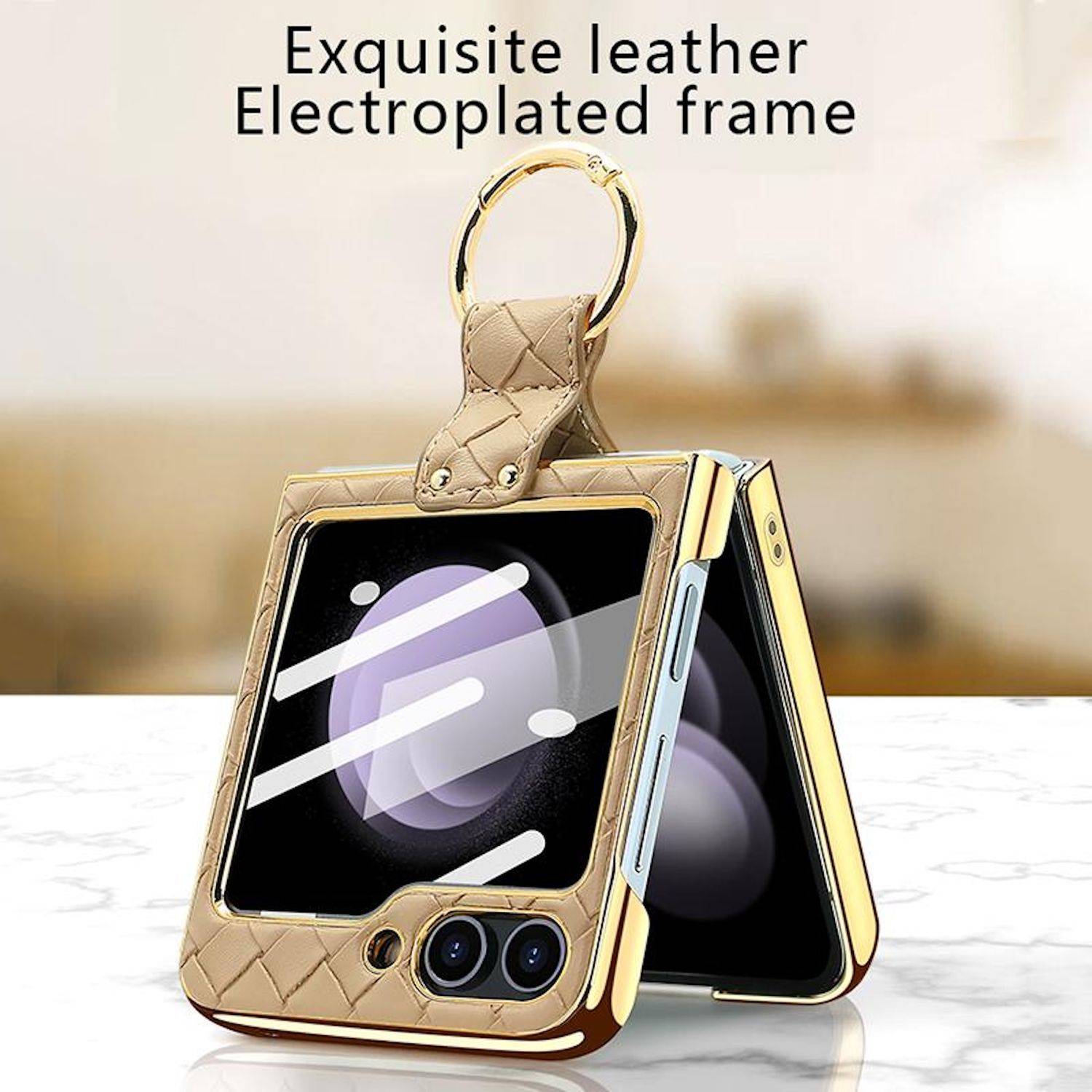 Für Samsung Galaxy Z Flip6 Design Gewebte Kunstleder Metall Ring Hülle Schwarz
