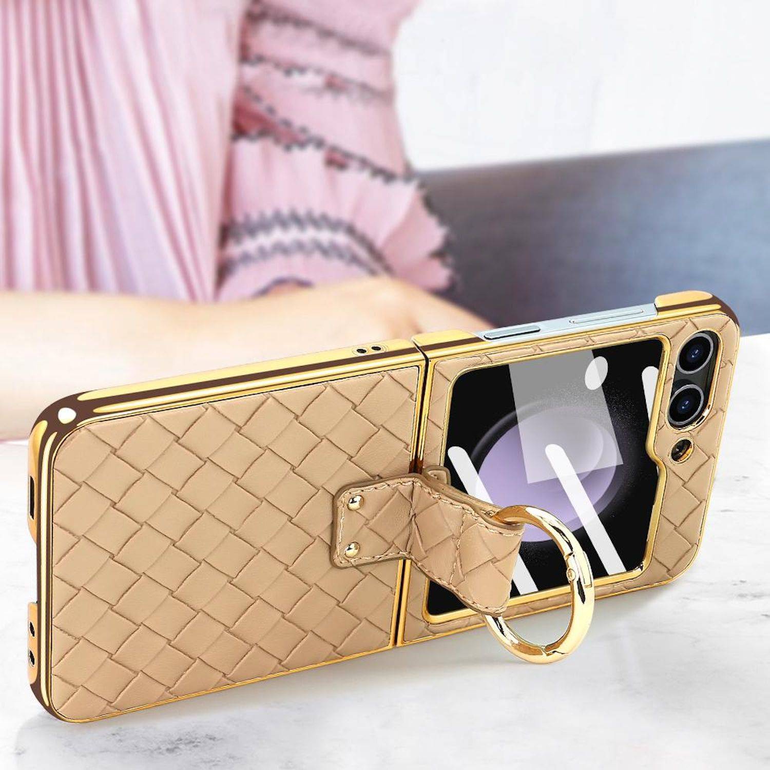 Für Samsung Galaxy Z Flip6 Design Gewebte Kunstleder Metall Ring Hülle Schwarz