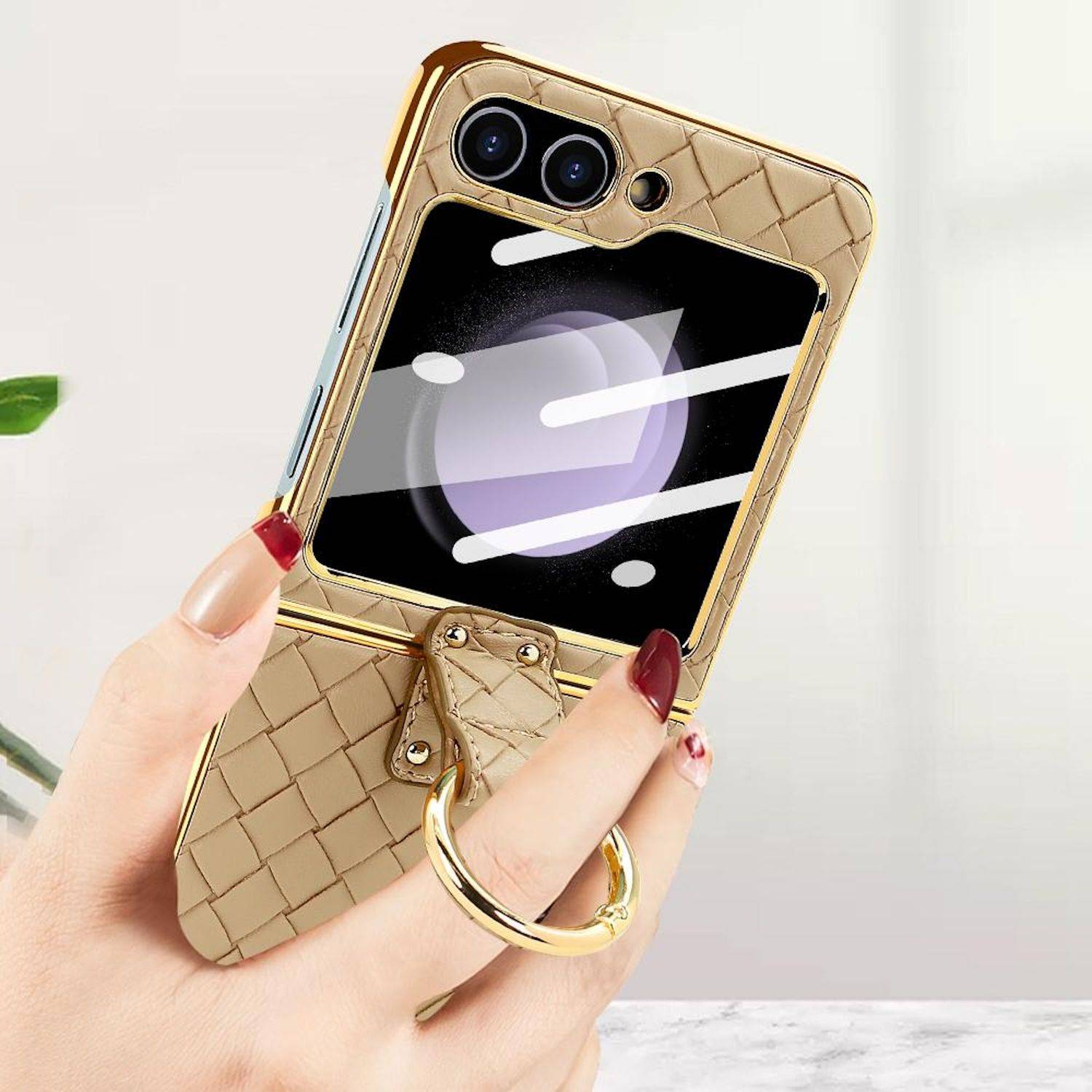 Für Samsung Galaxy Z Flip6 Design Gewebte Kunstleder Metall Ring Hülle Schwarz
