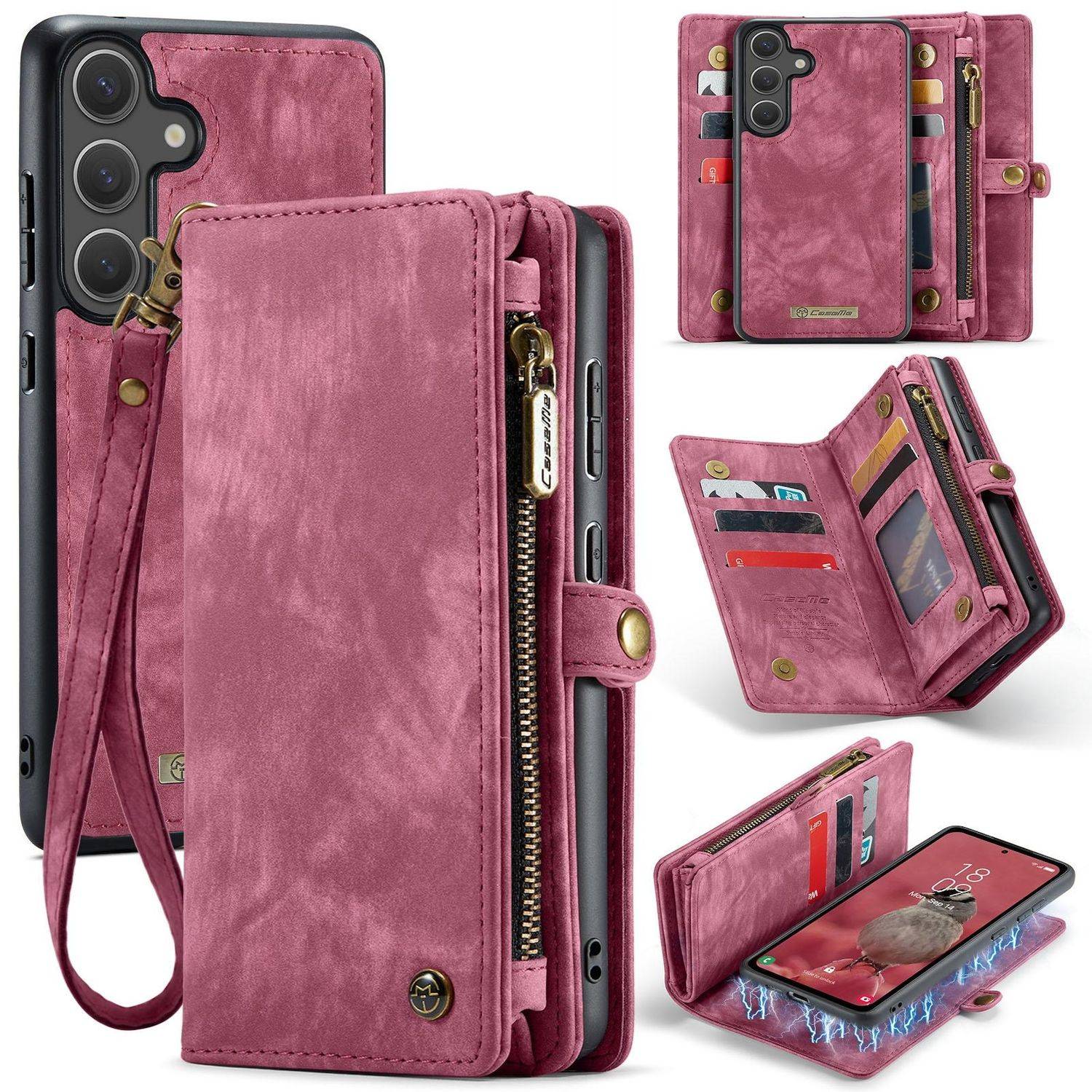Für Samsung Galaxy S25 5G CaseMe 008 Kunstleder Multifunktion Zipper Wallet Tasche Rot