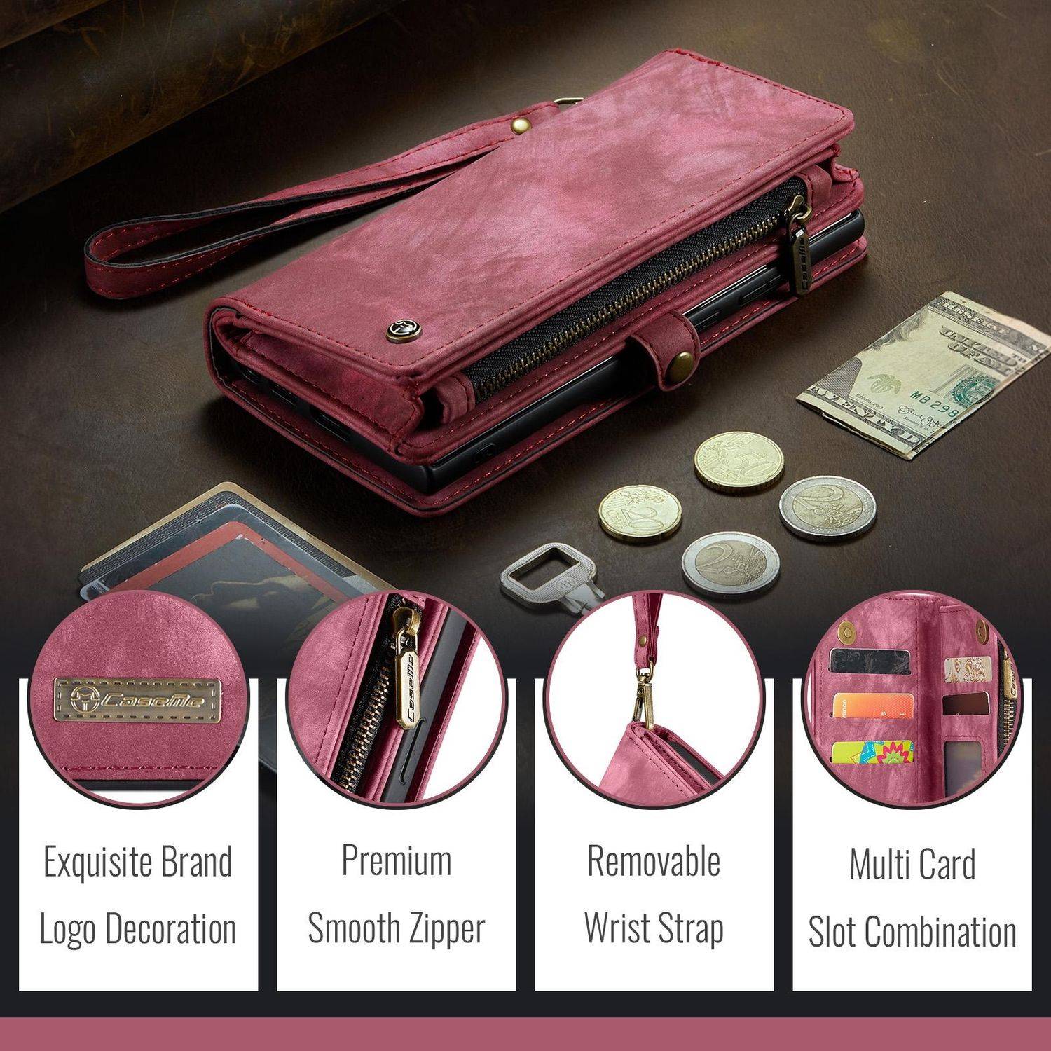 Für Samsung Galaxy S25 5G CaseMe 008 Kunstleder Multifunktion Zipper Wallet Tasche Rot