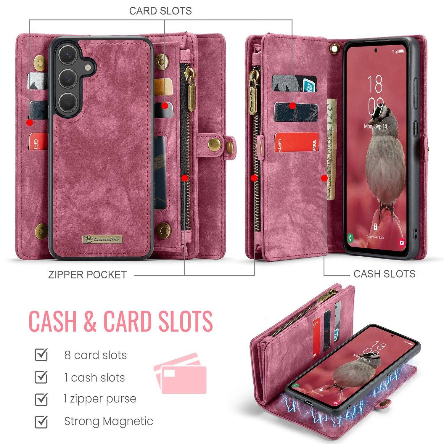 Für Samsung Galaxy S25 5G CaseMe 008 Kunstleder Multifunktion Zipper Wallet Tasche Rot