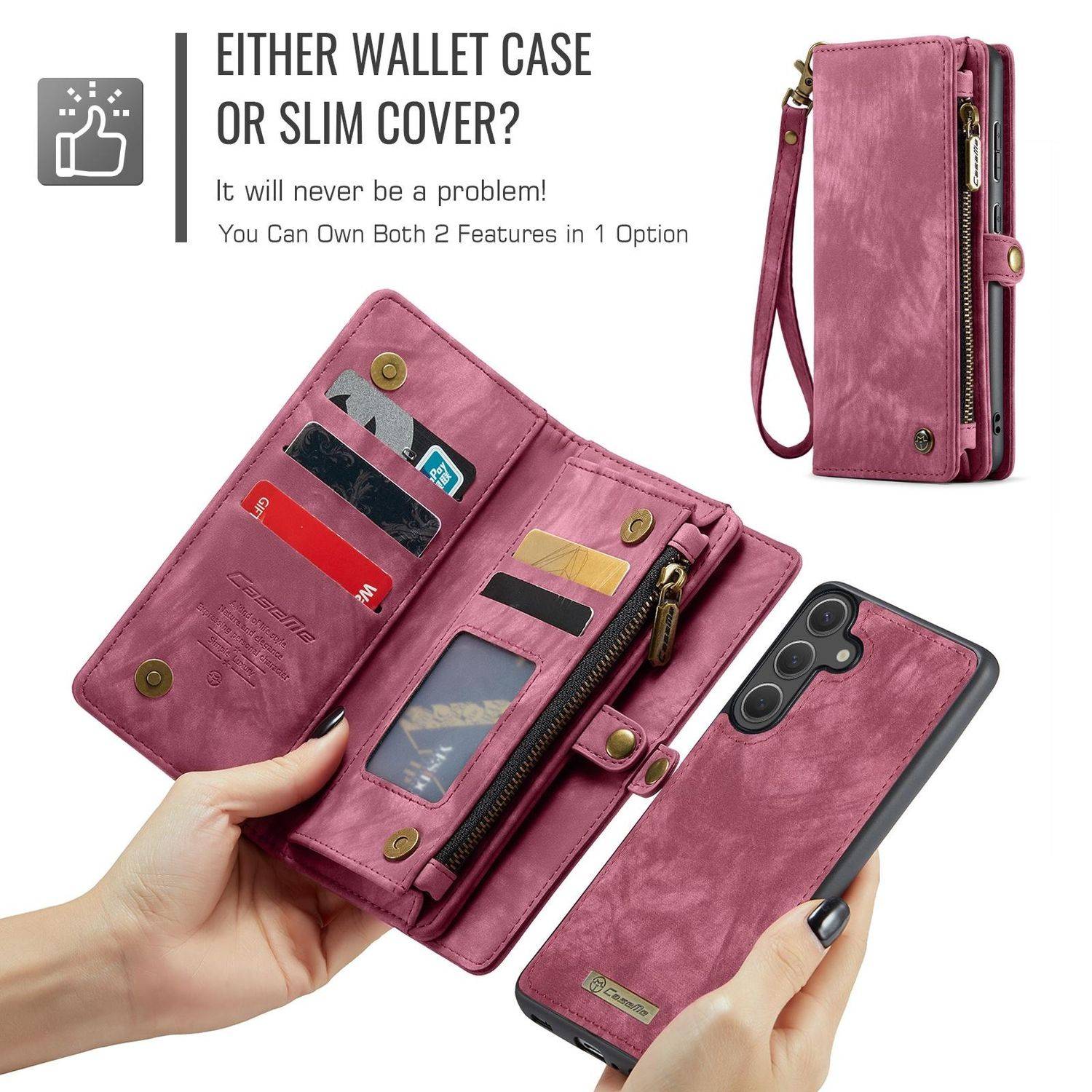 Für Samsung Galaxy S25 5G CaseMe 008 Kunstleder Multifunktion Zipper Wallet Tasche Rot
