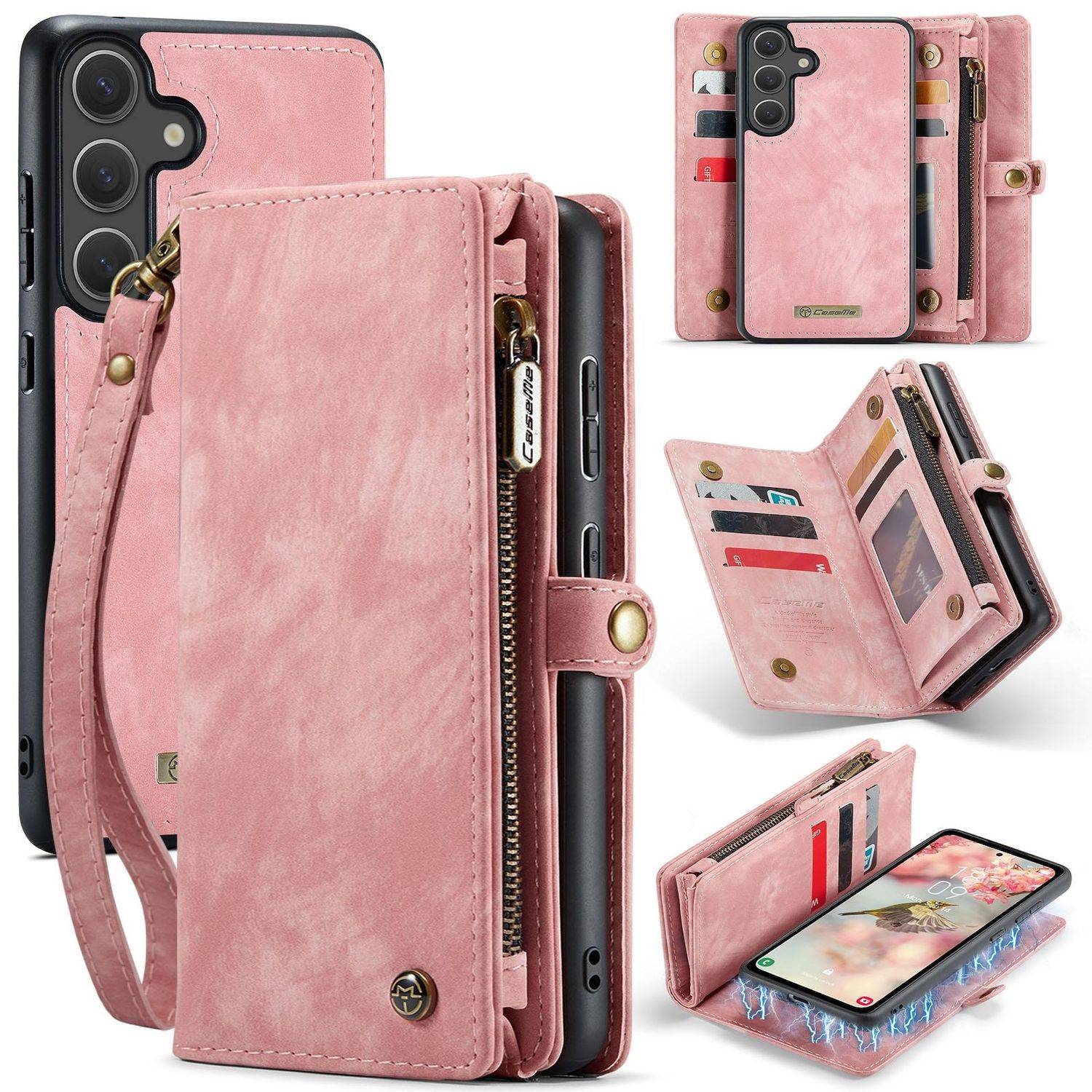 Für Samsung Galaxy S25 5G CaseMe 008 Kunstleder Multifunktion Zipper Wallet Tasche Pink