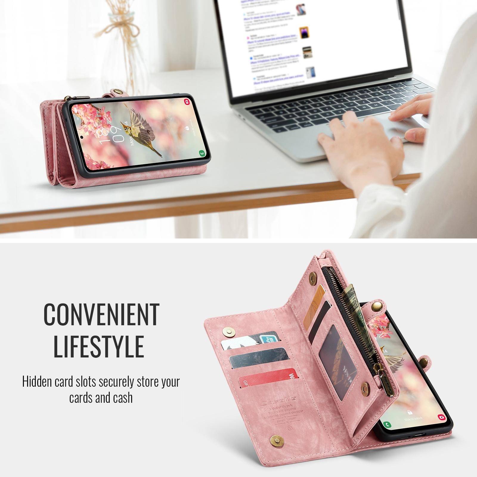 Für Samsung Galaxy S25 5G CaseMe 008 Kunstleder Multifunktion Zipper Wallet Tasche Pink